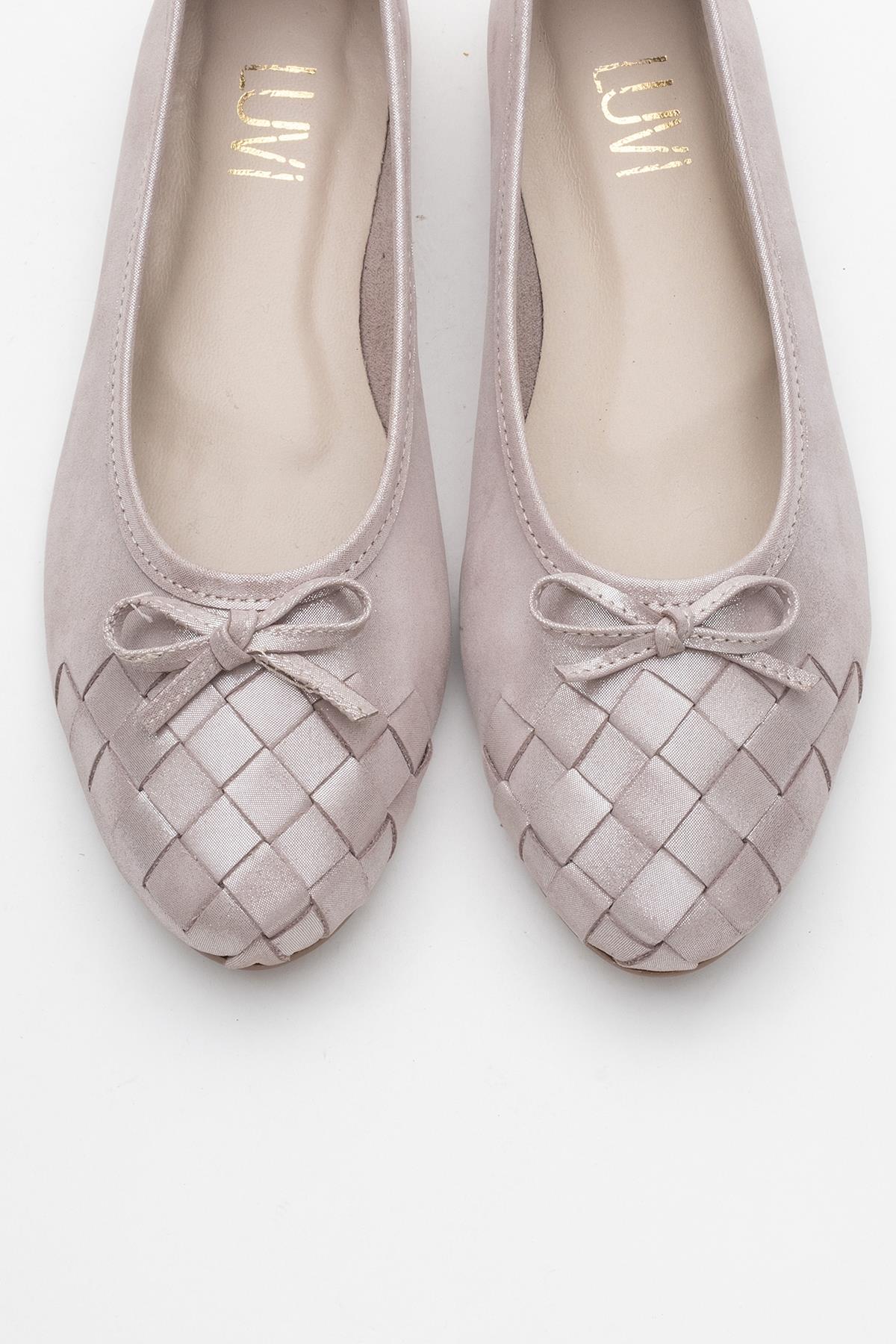 03 - Beige Glitter Genuine Leather Ballet Flat – side view showing leather, glitter, Vowalisse