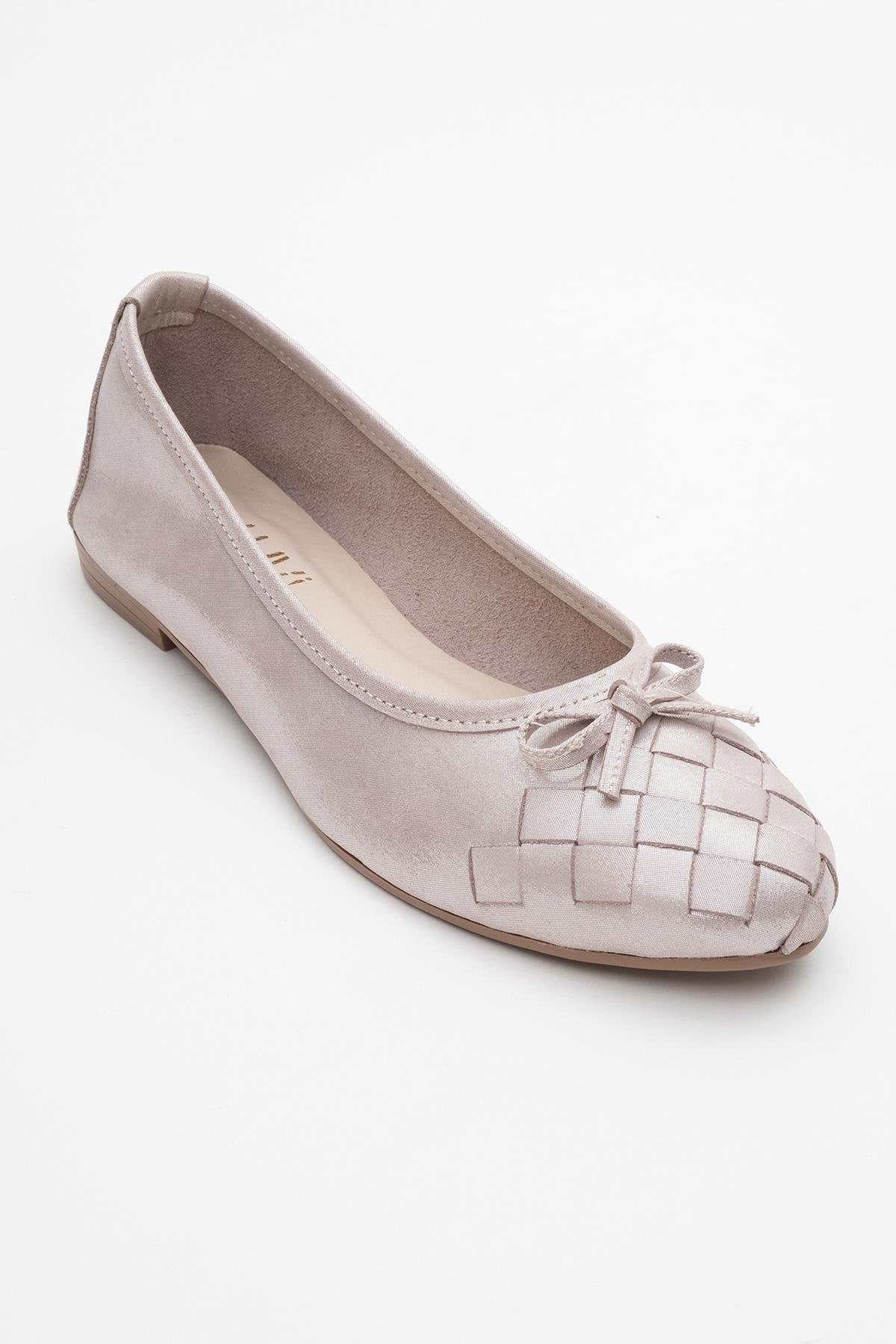 03 - Beige Glitter Genuine Leather Ballet Flat – detail view showing leather, glitter, Vowalisse