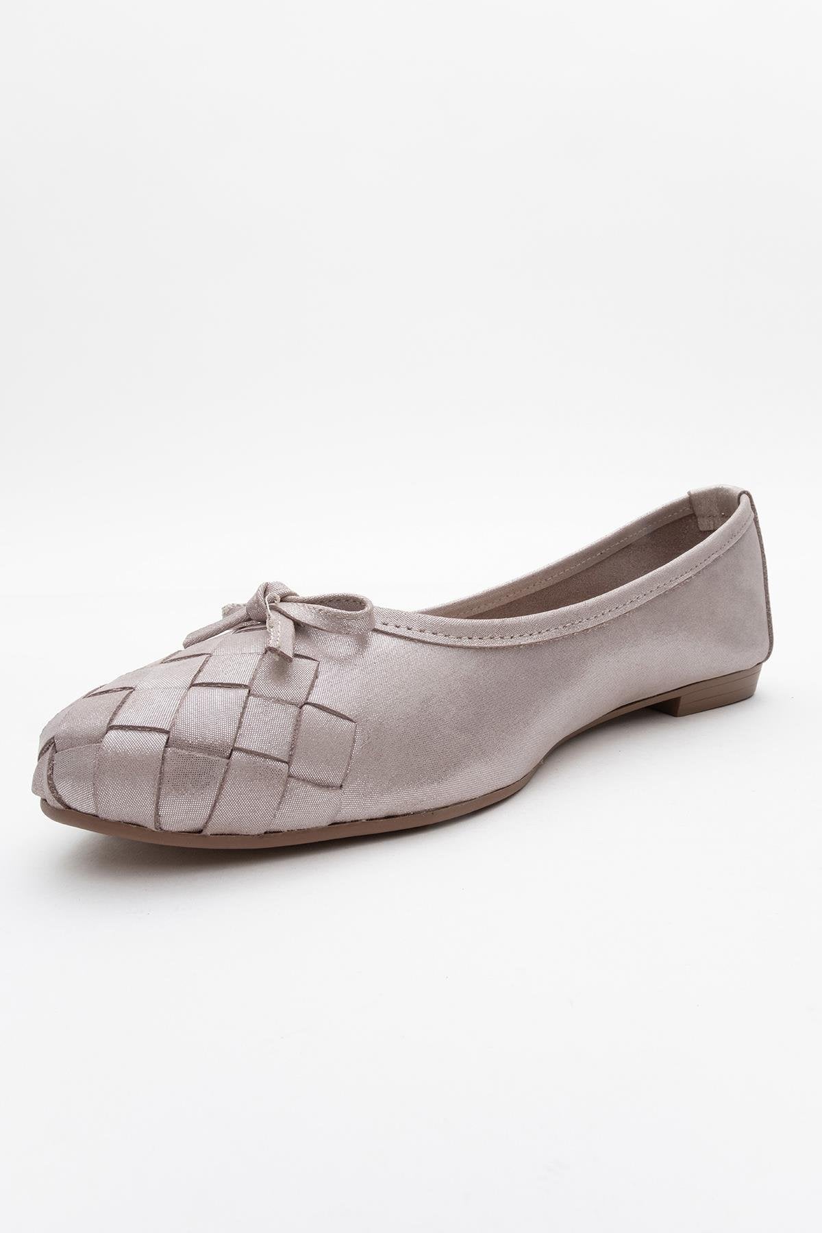03 - Beige Glitter Genuine Leather Ballet Flat – heel view showing leather, glitter, Vowalisse
