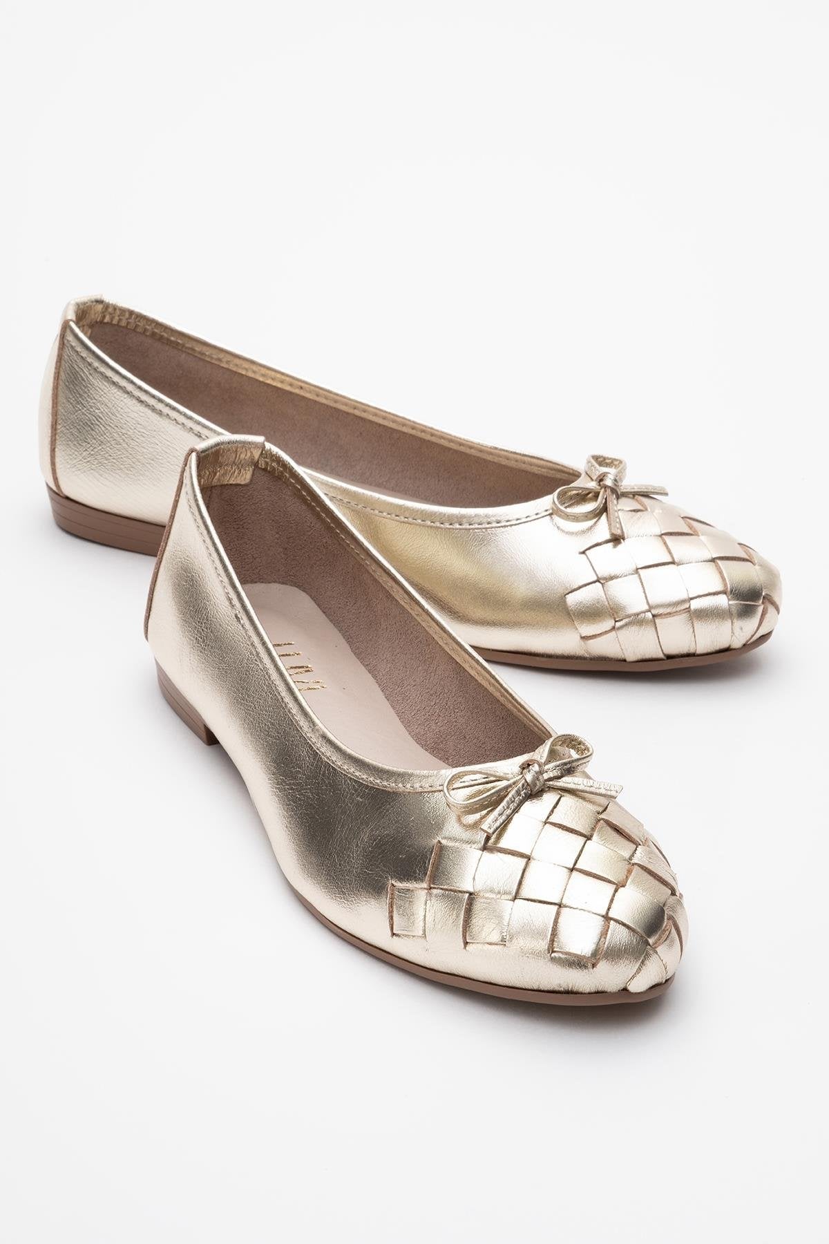 03 - Gold Genuine Leather Ballet Flat – front three-quarter view showing leather, gold, red, Vowalisse