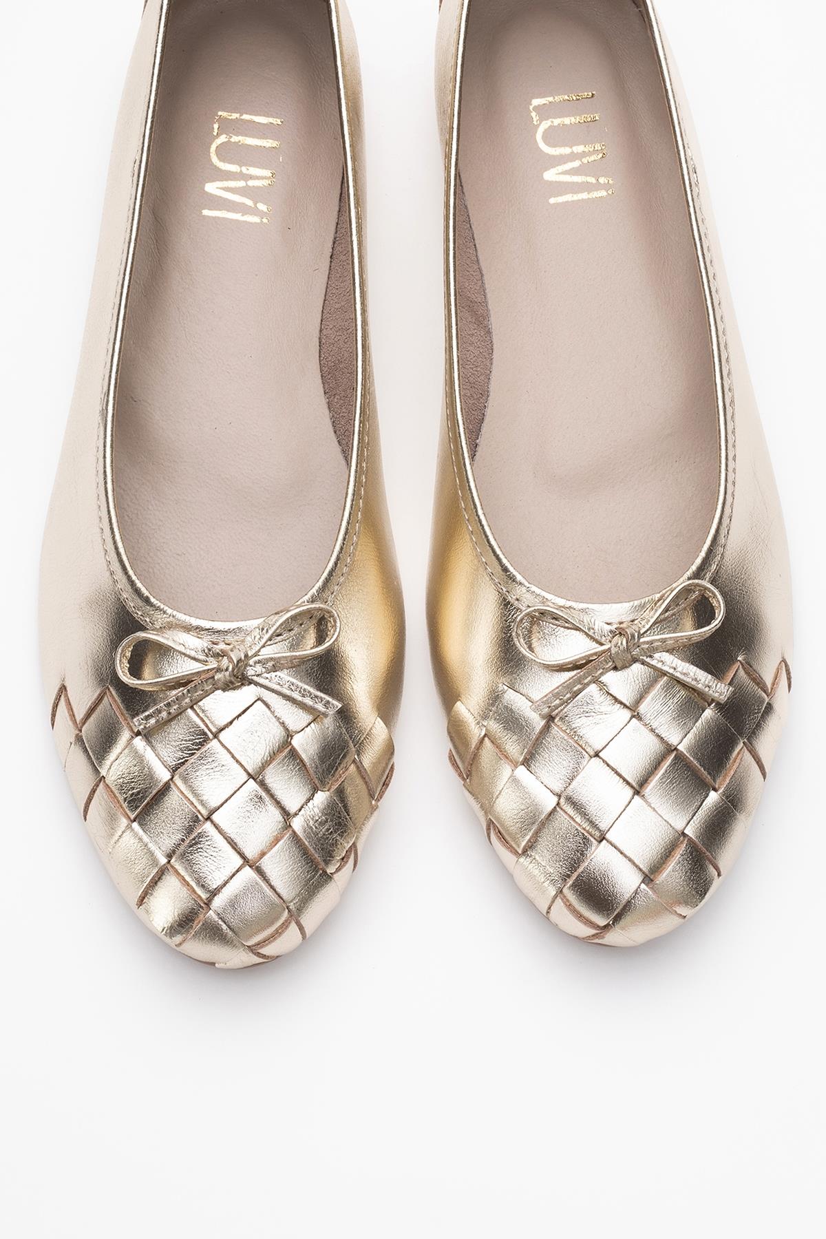 03 - Gold Genuine Leather Ballet Flat – side view showing leather, gold, red, Vowalisse