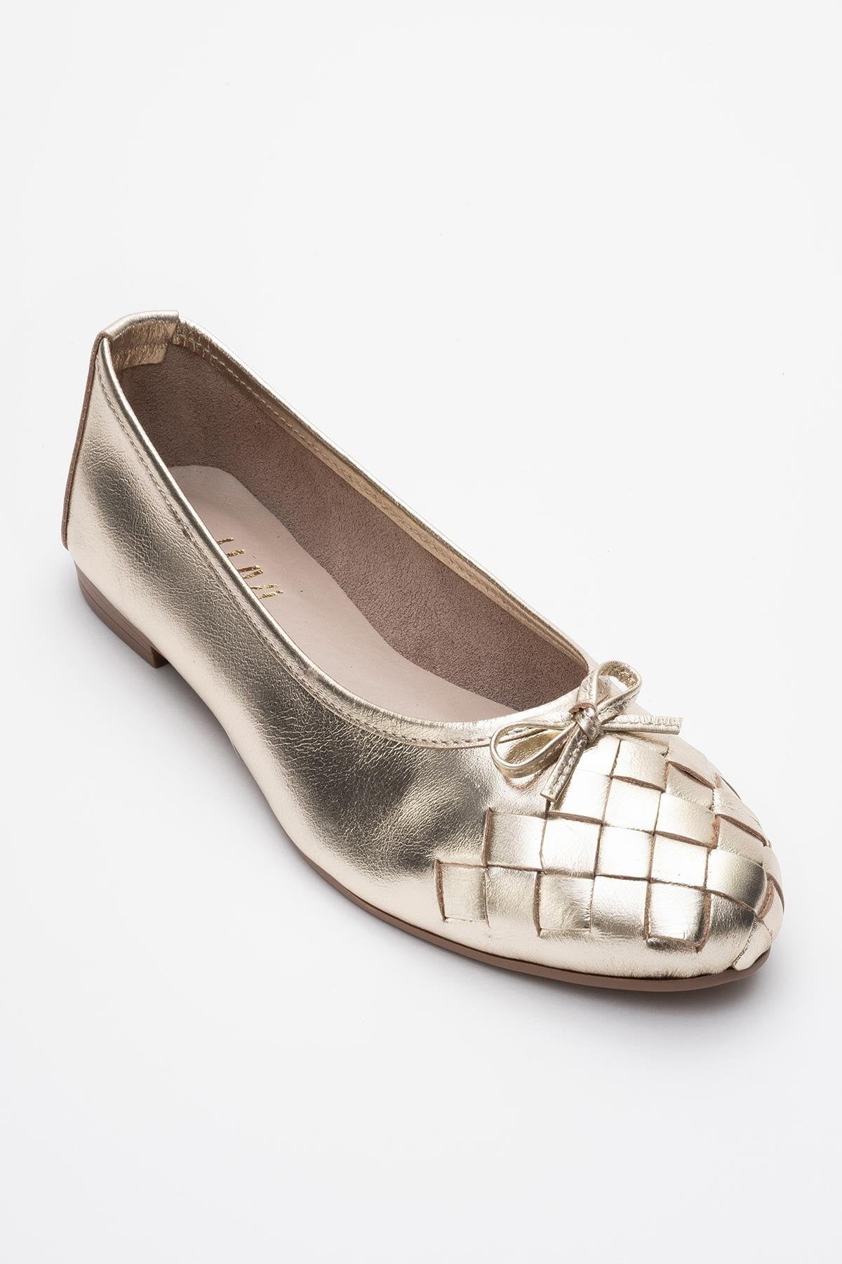 03 - Gold Genuine Leather Ballet Flat – detail view showing leather, gold, red, Vowalisse