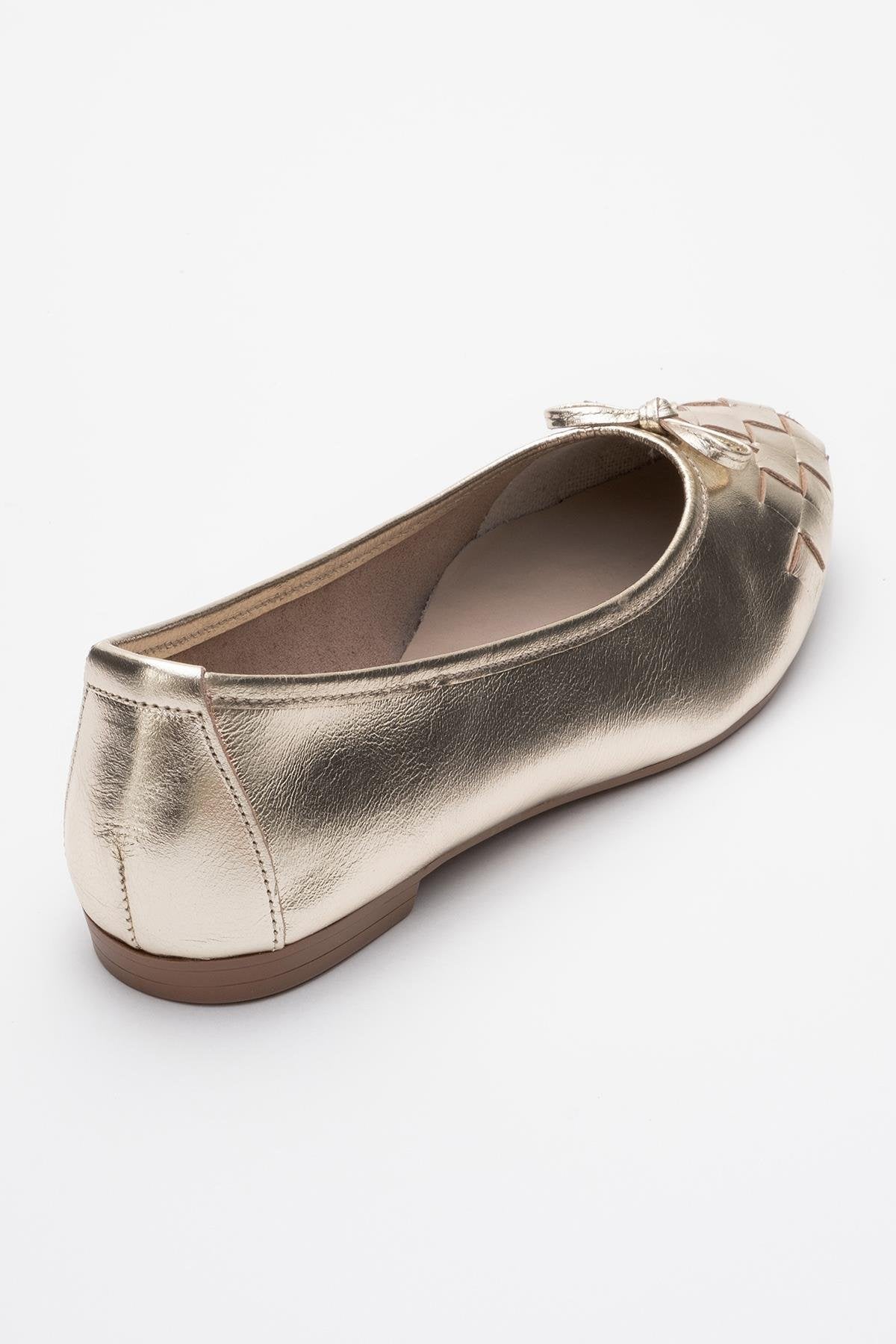 03 - Gold Genuine Leather Ballet Flat – back view showing leather, gold, red, Vowalisse