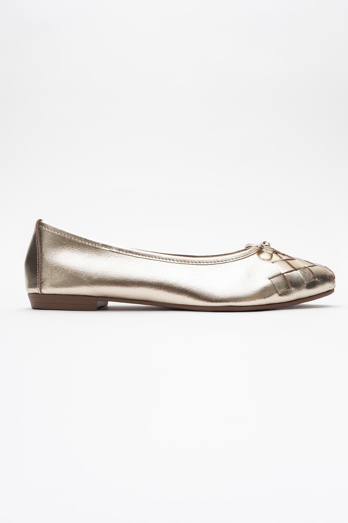 03 - Gold Genuine Leather Ballet Flat – top view showing leather, gold, red, Vowalisse