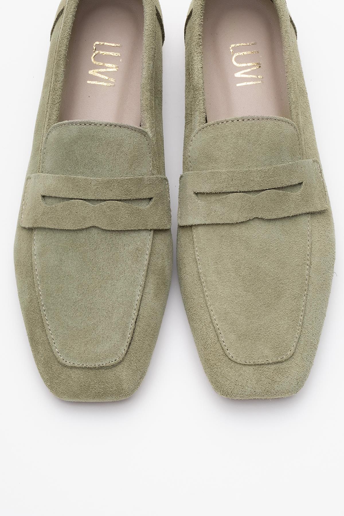 Morne - Sage Green Suede Leather Loafers – side view showing leather, suede, green, Vowalisse