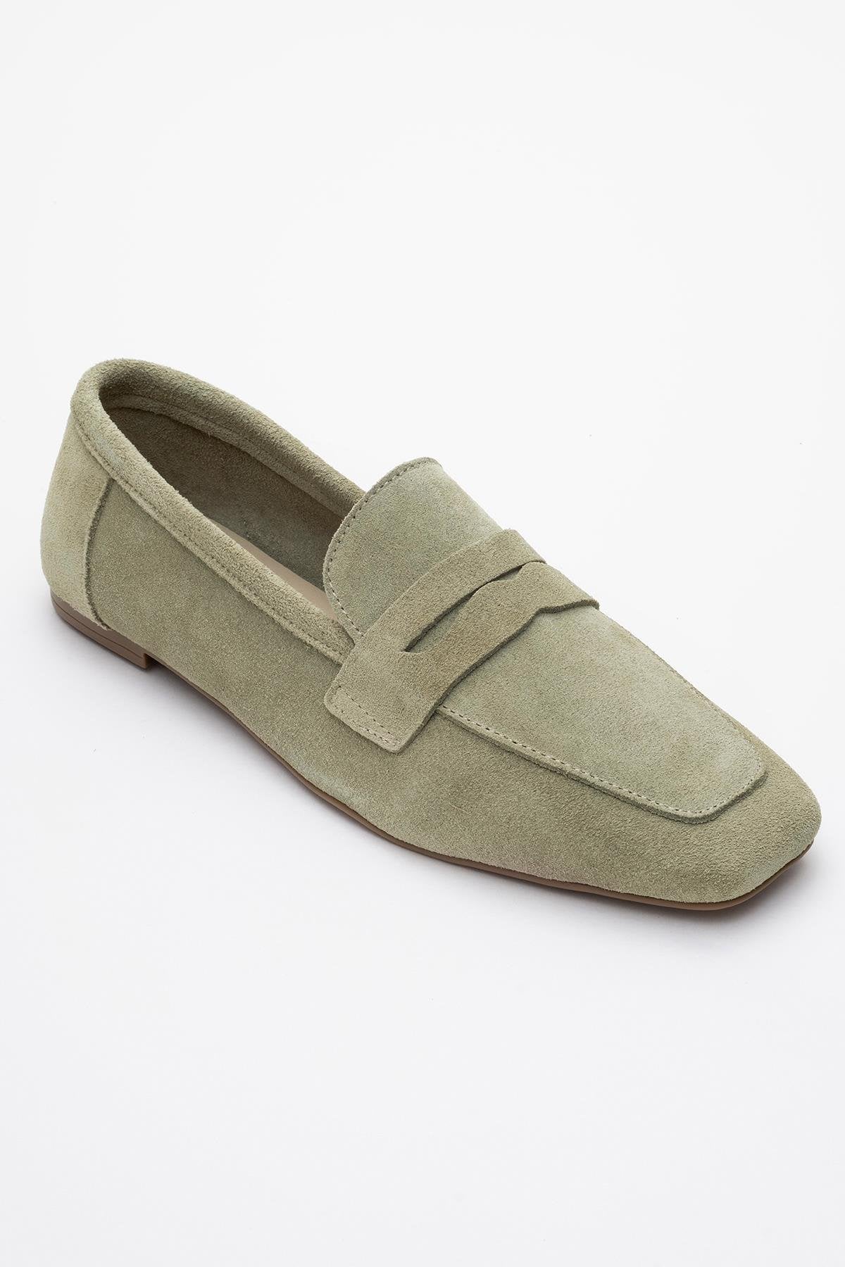Morne - Sage Green Suede Leather Loafers – detail view showing leather, suede, green, Vowalisse