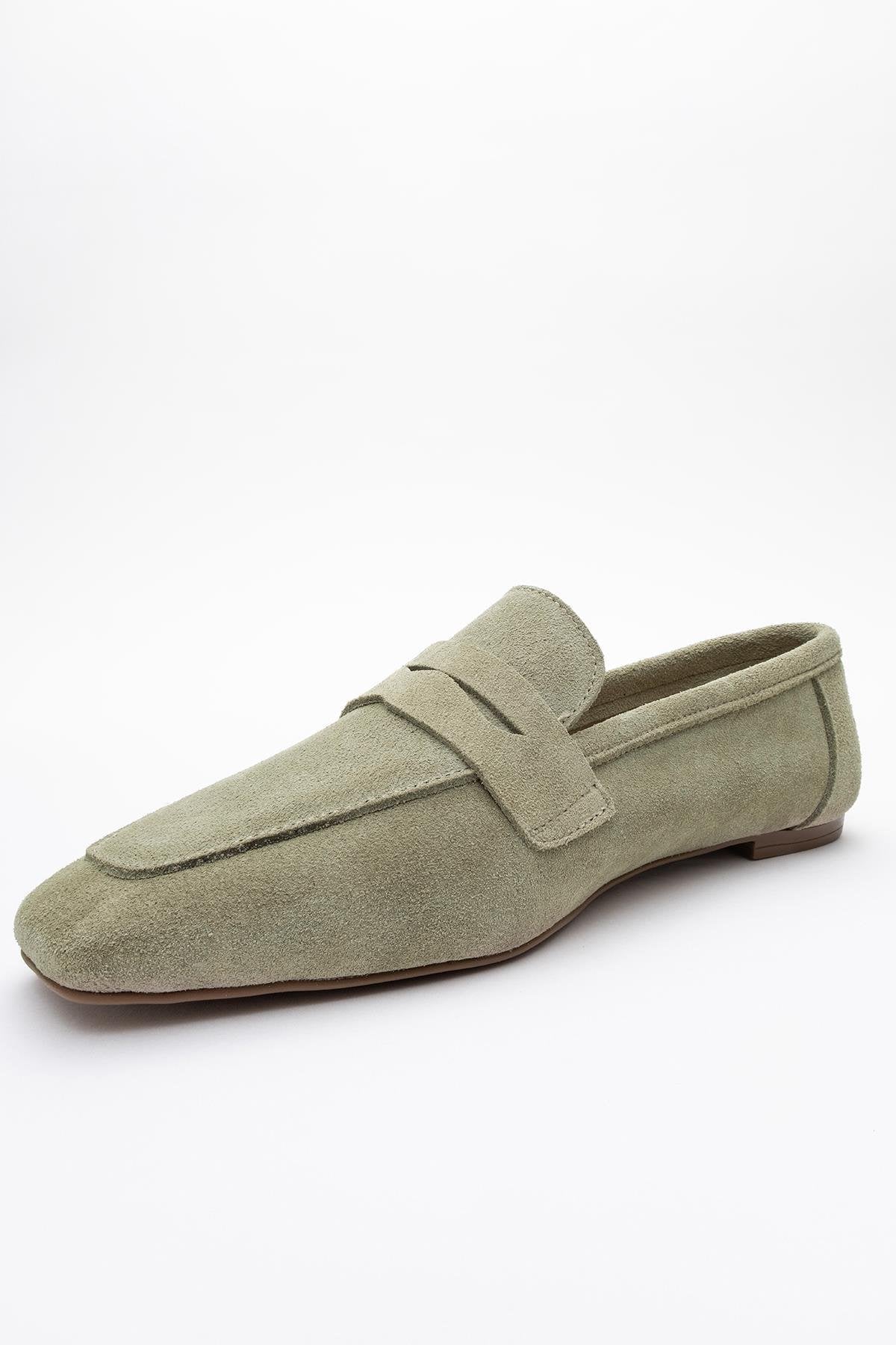 Morne - Sage Green Suede Leather Loafers – heel view showing leather, suede, green, Vowalisse