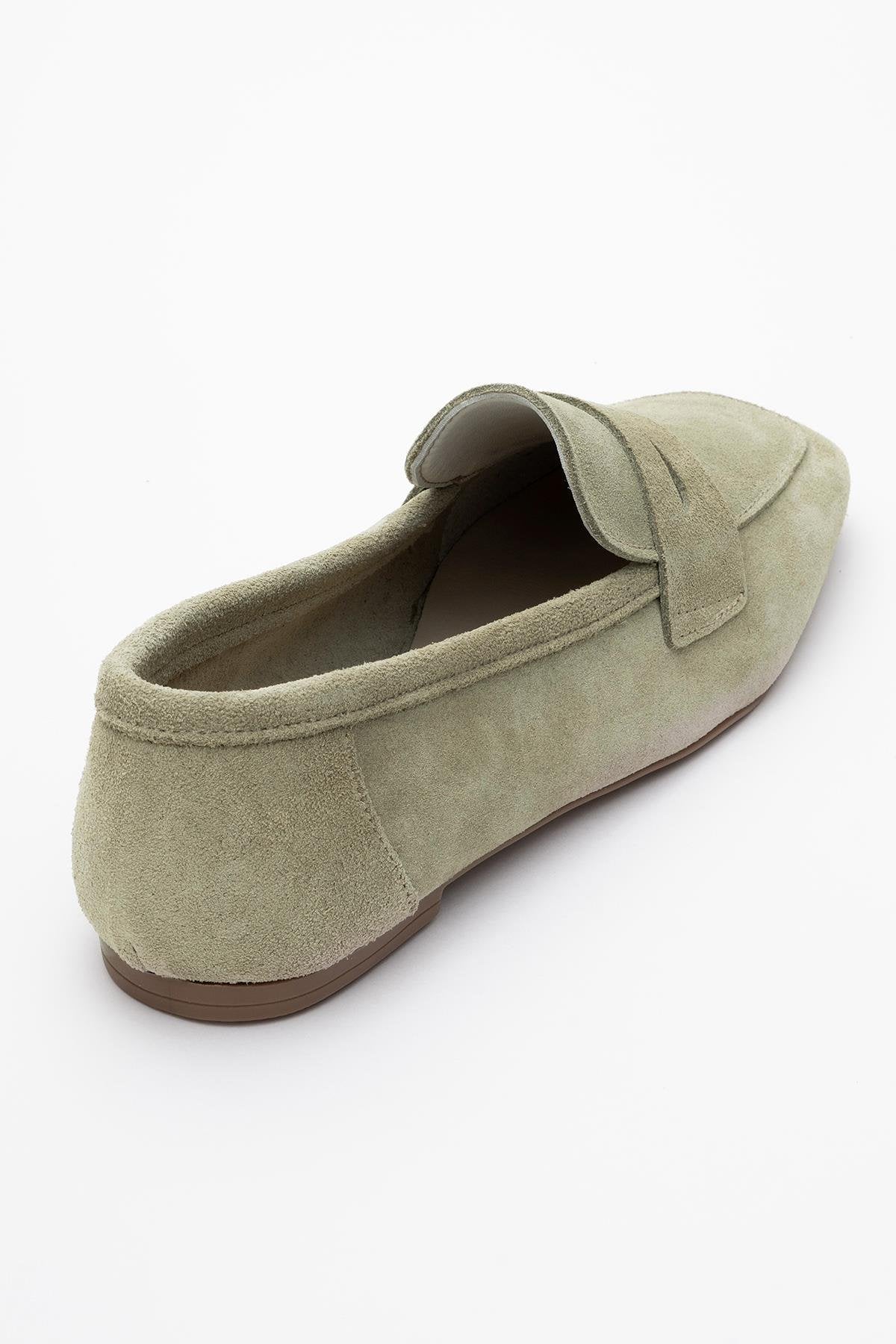 Morne - Sage Green Suede Leather Loafers – back view showing leather, suede, green, Vowalisse