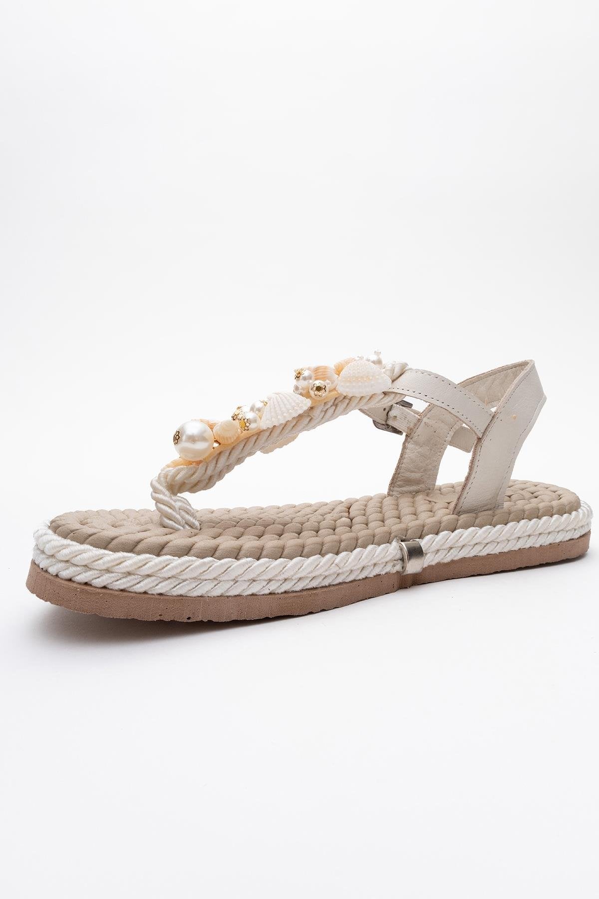 Lely Beige Leather Thong Sandal – heel view showing lace, leather, red, Vowalisse