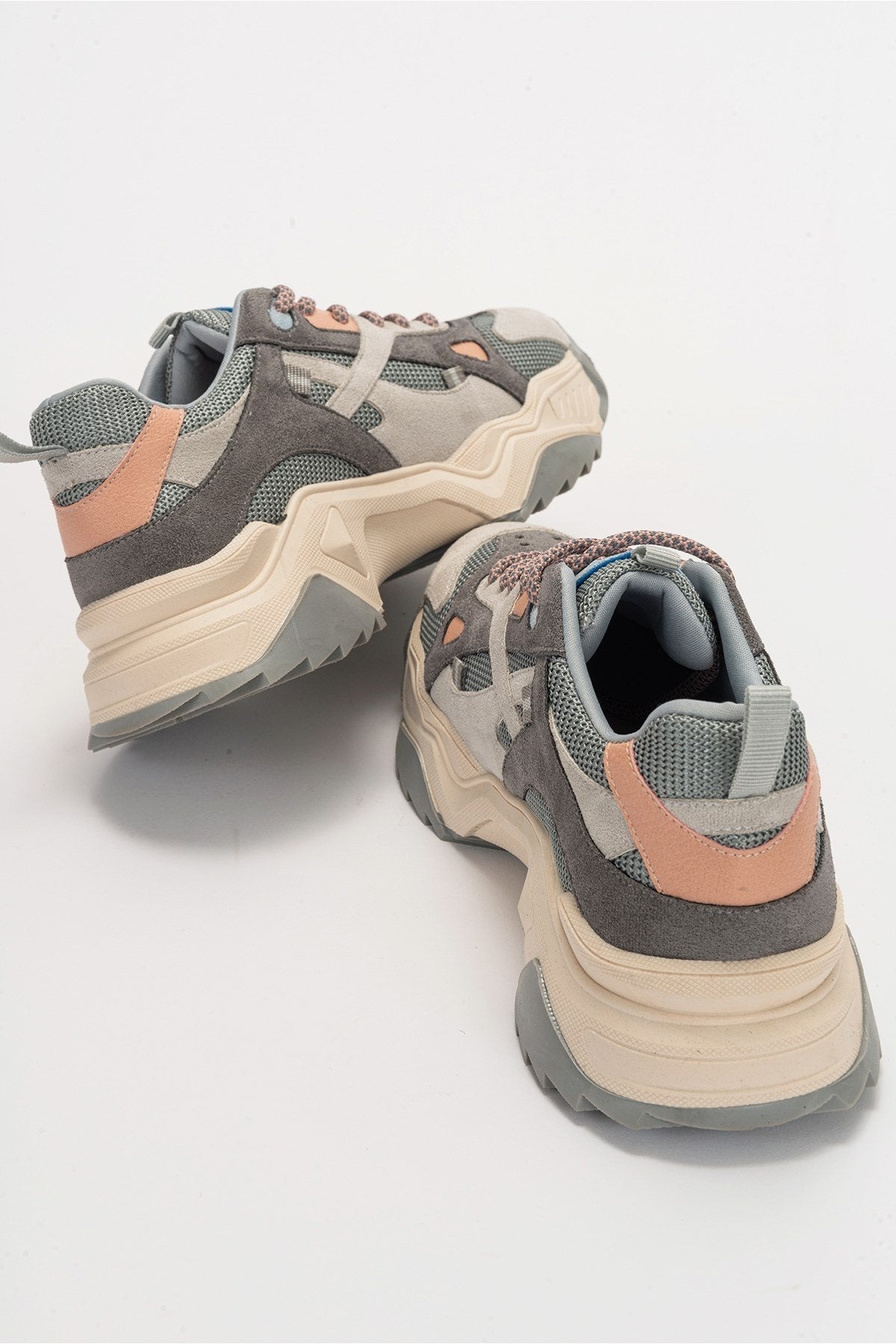 Loretta - Gray Pink Platform Sneakers – back view showing pink, red, Vowalisse