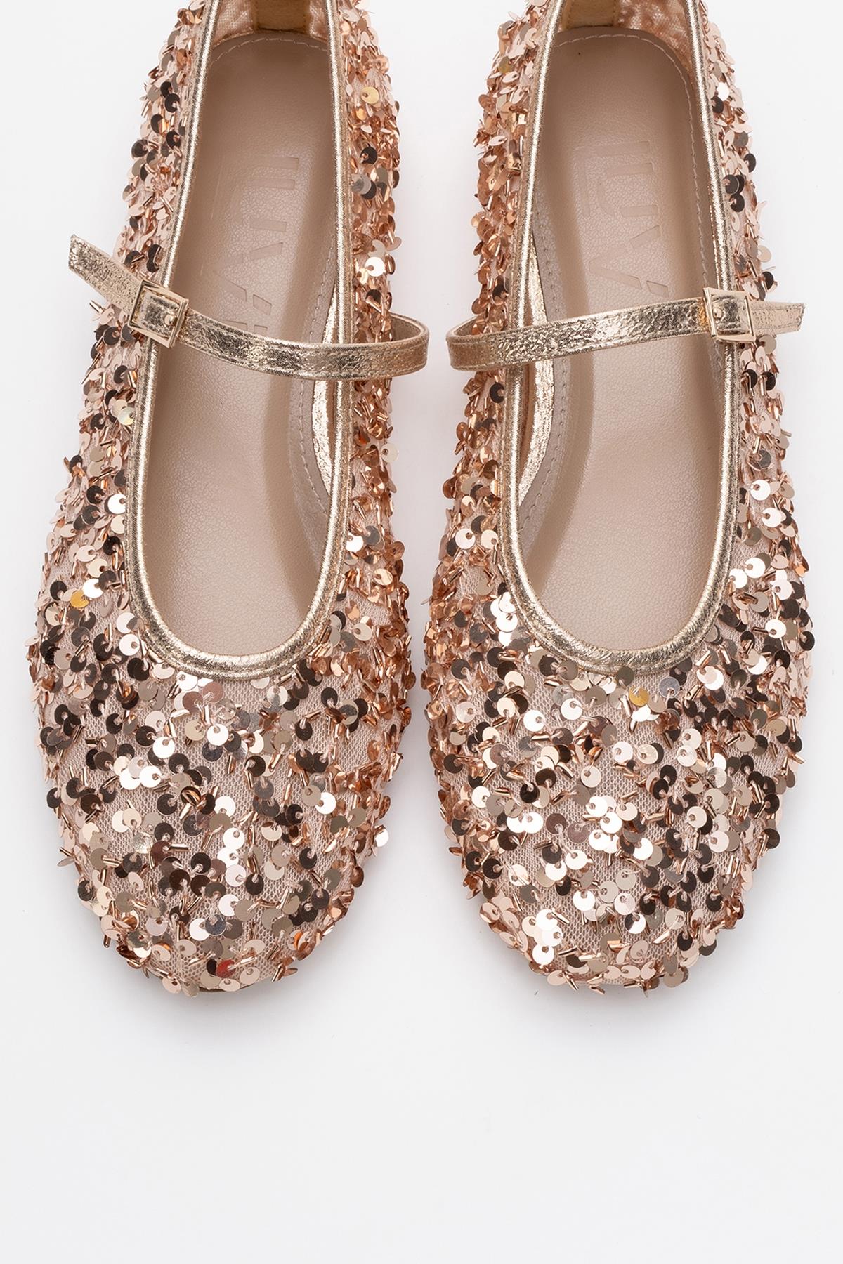 Lush - Rose Sequin Single-Band Ballet Flat – side view showing leather, sequin, mesh, Vowalisse