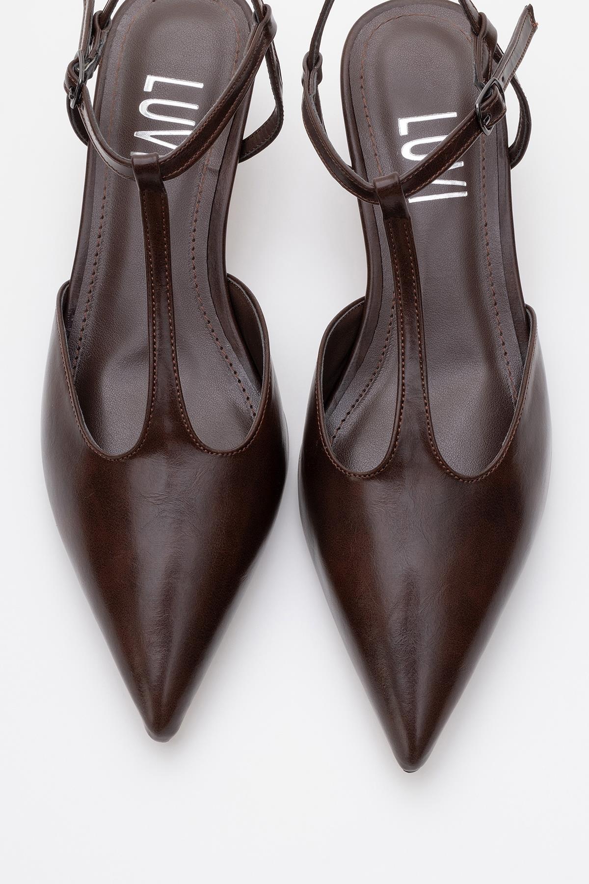 Asher - Brown Pointed Toe Backless Low Heel Pump – side view showing leather, Vowalisse