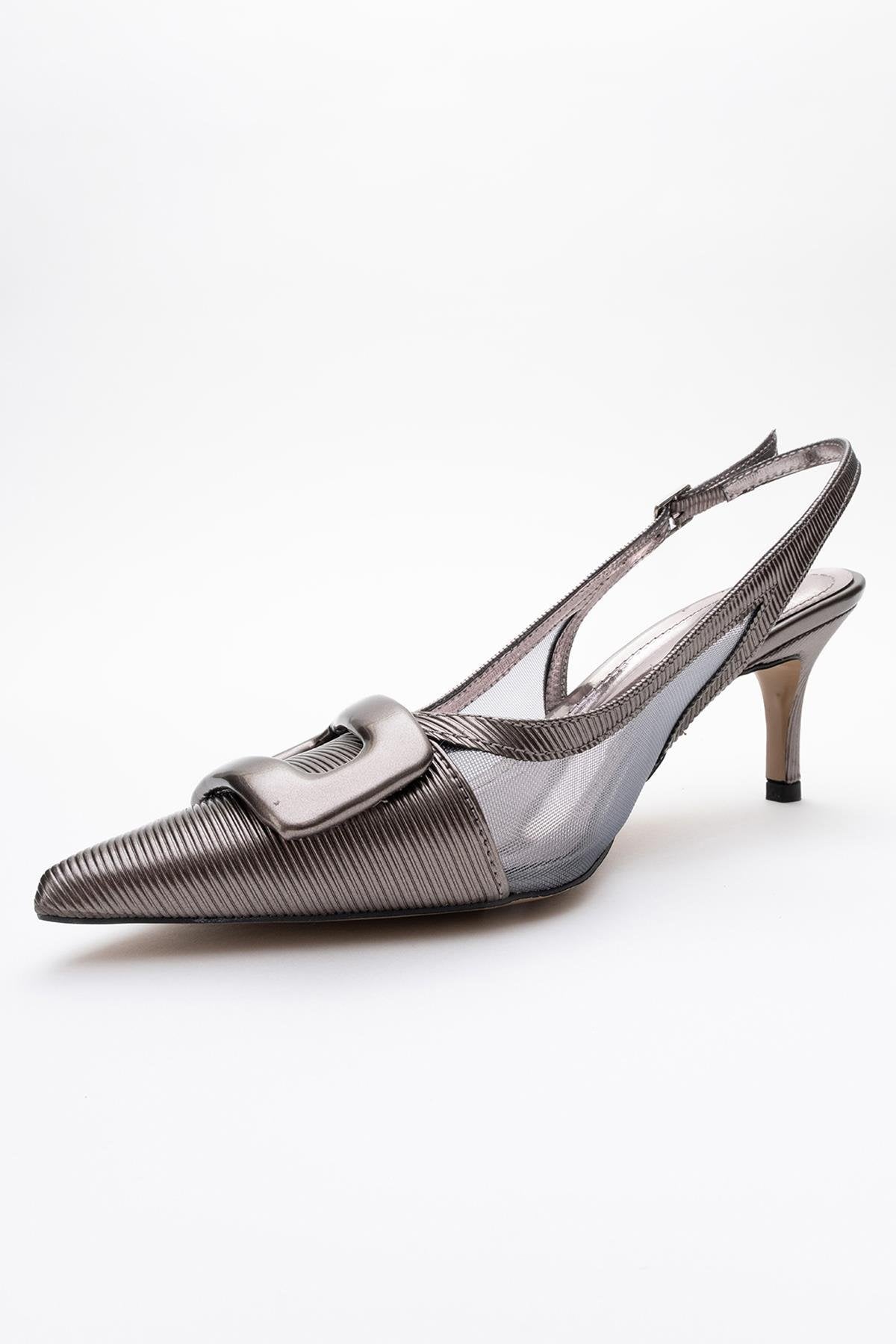 Foley - Platinum Striped Pointed Toe Backless Stiletto Pump – detail view showing leather, Vowalisse