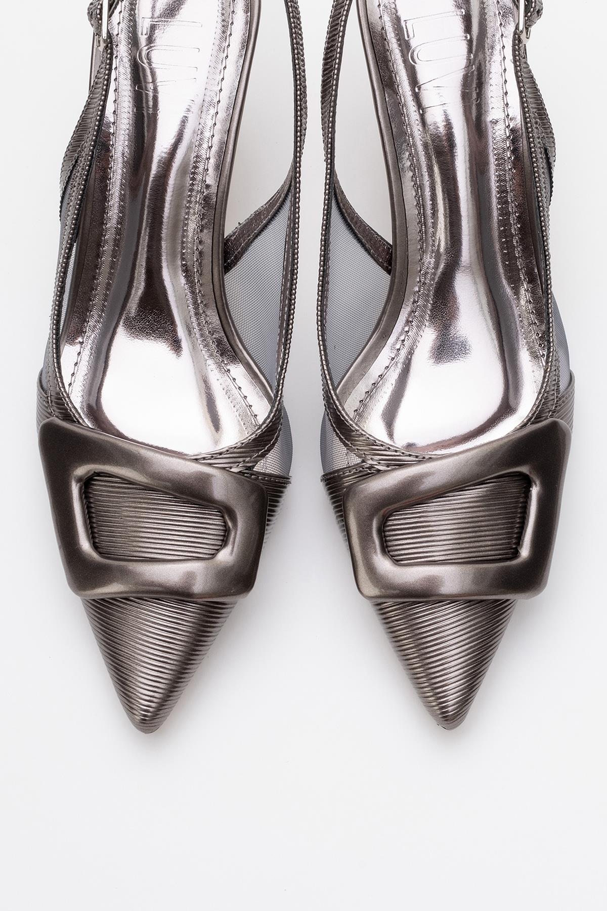 Foley - Platinum Striped Pointed Toe Backless Stiletto Pump – top view showing leather, Vowalisse