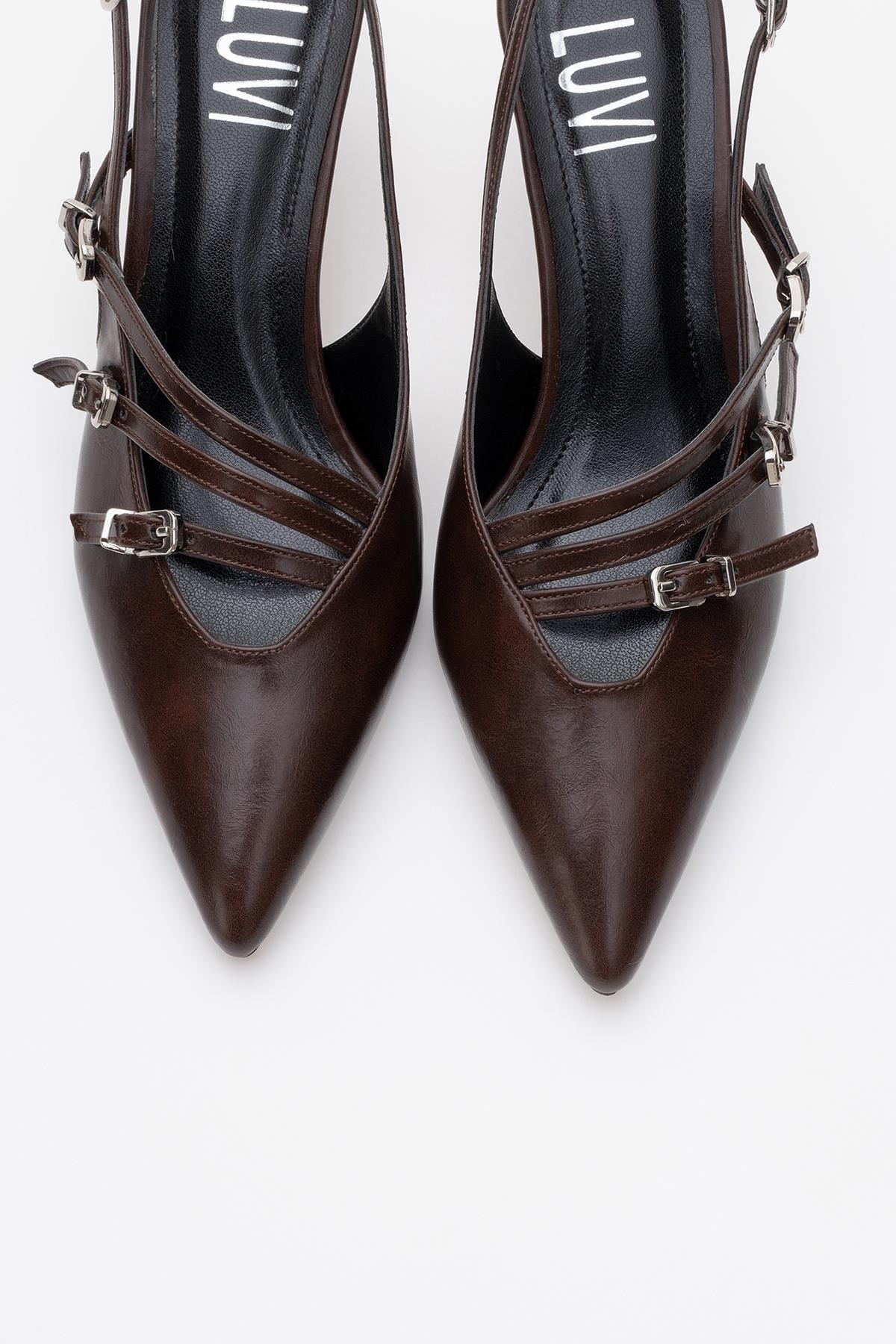 Magra Brown Cilt Pointed-Toe Slingback Stiletto – side view showing leather, red, Vowalisse