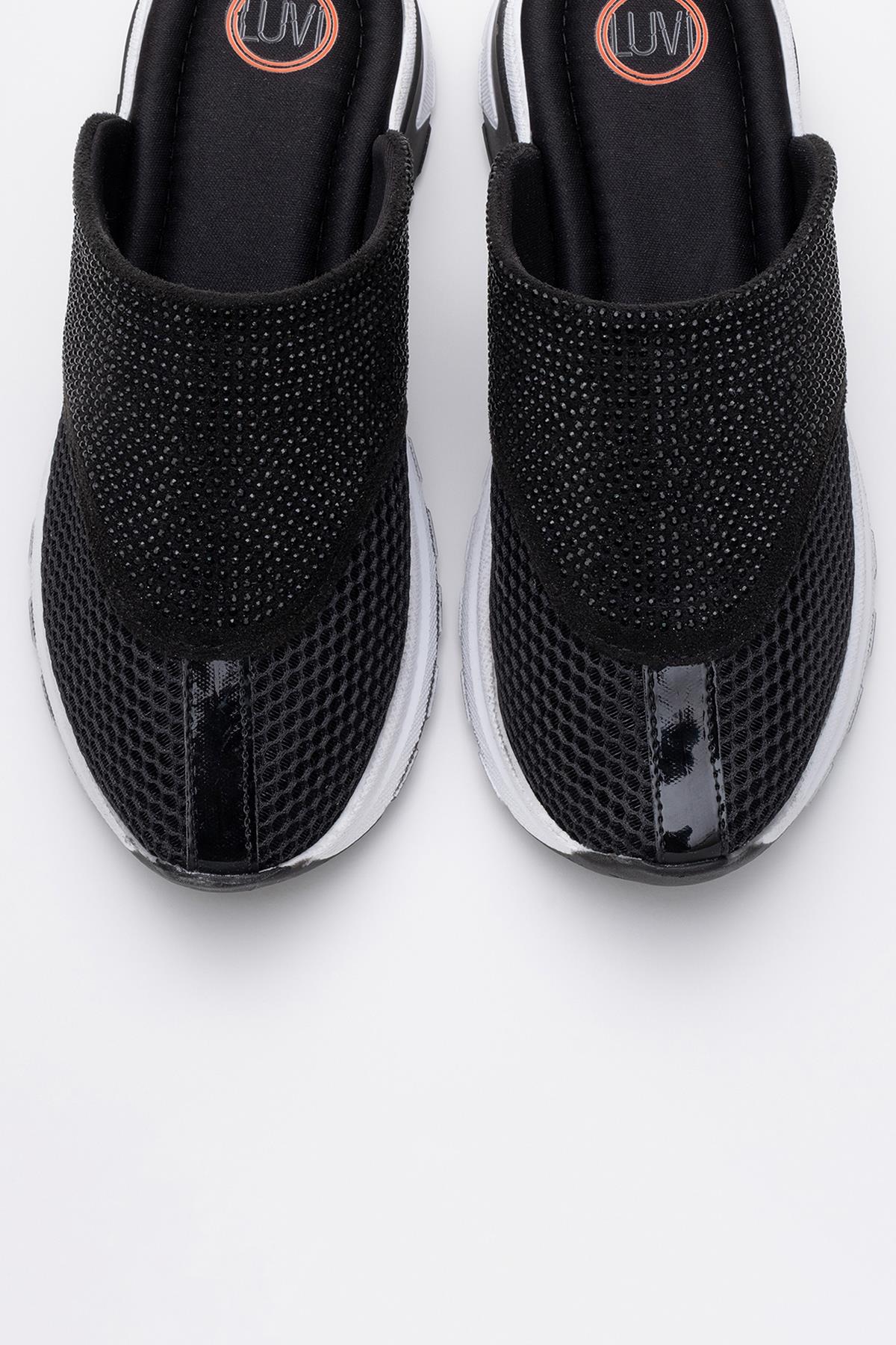 GLEA Black Mesh Rhinestone Mules – side view showing rhinestone, crystal, leather, Vowalisse