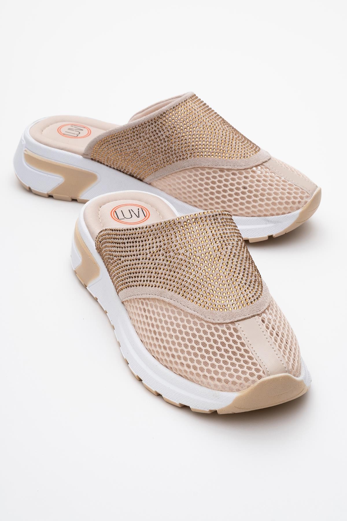 GLEA Beige Mesh Rhinestone Mules – front three-quarter view showing rhinestone, crystal, leather, Vowalisse