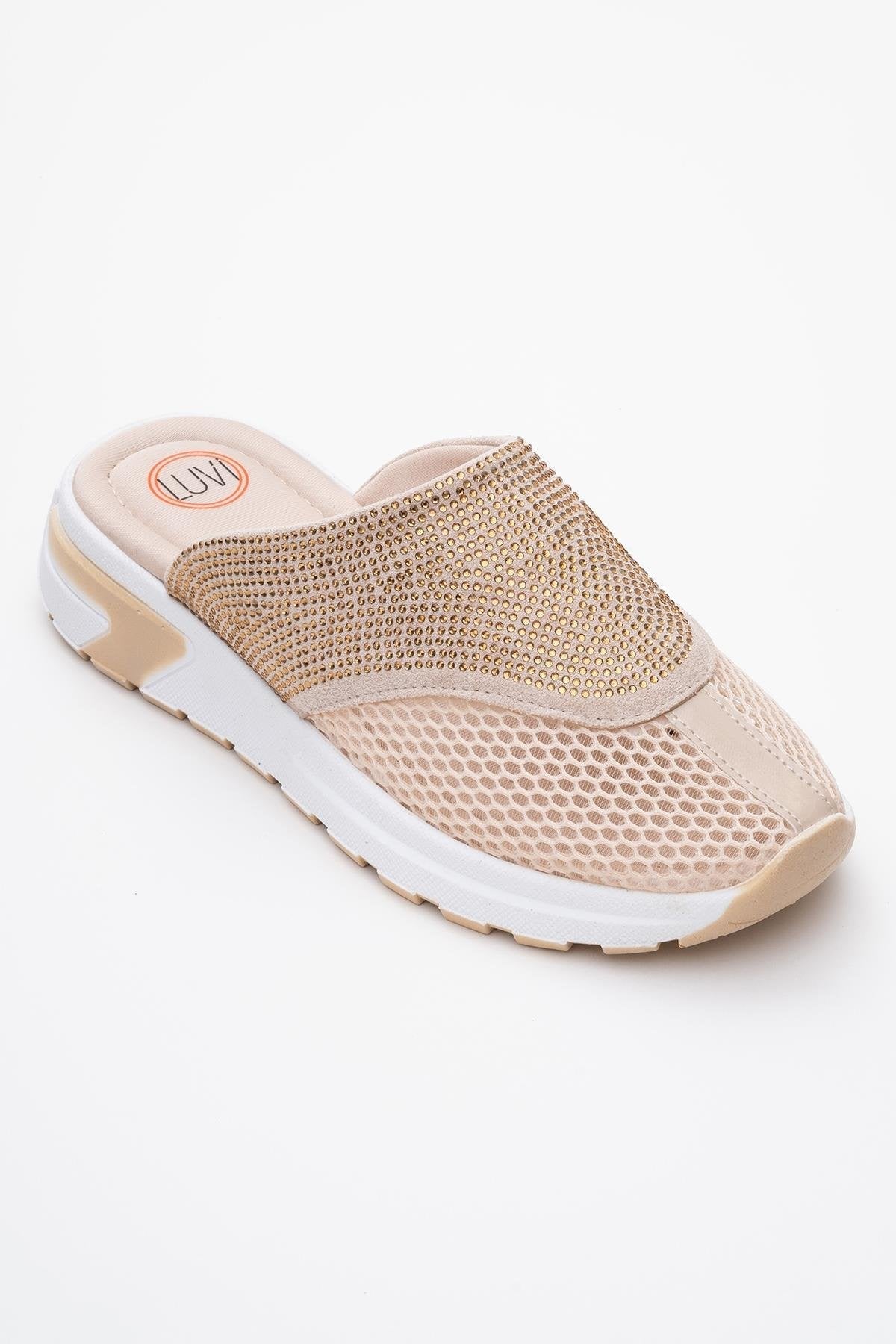 GLEA Beige Mesh Rhinestone Mules – detail view showing rhinestone, crystal, leather, Vowalisse