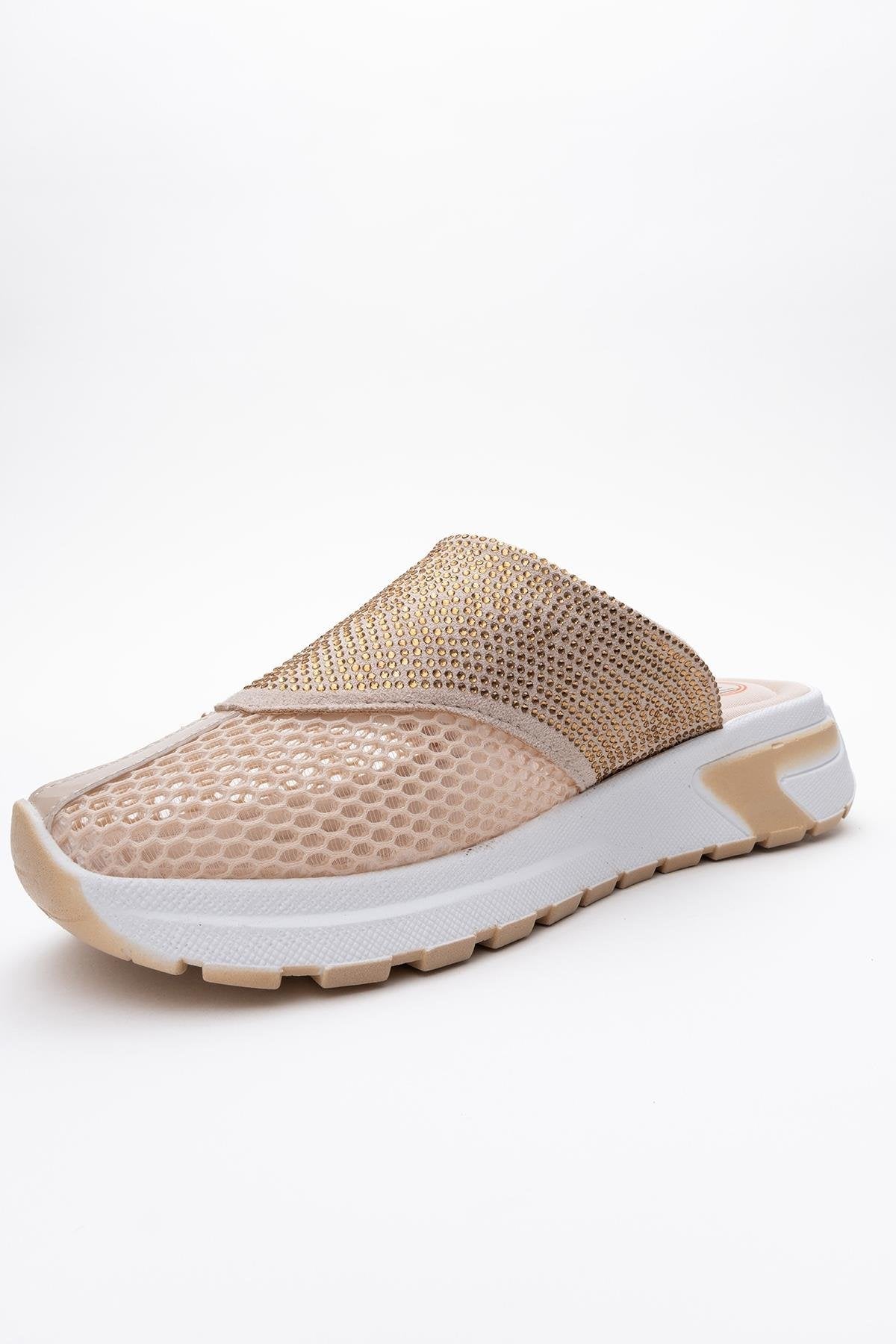 GLEA Beige Mesh Rhinestone Mules – heel view showing rhinestone, crystal, leather, Vowalisse