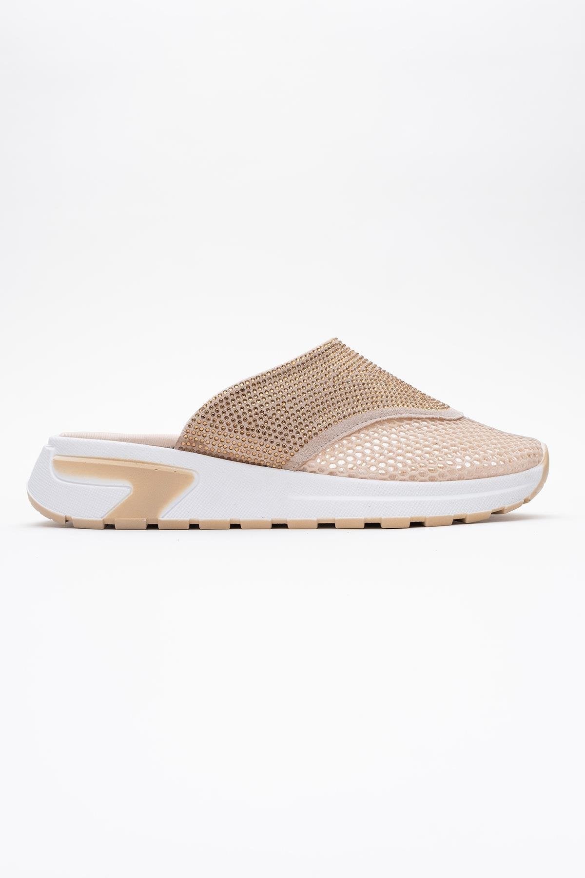 GLEA Beige Mesh Rhinestone Mules – top view showing rhinestone, crystal, leather, Vowalisse