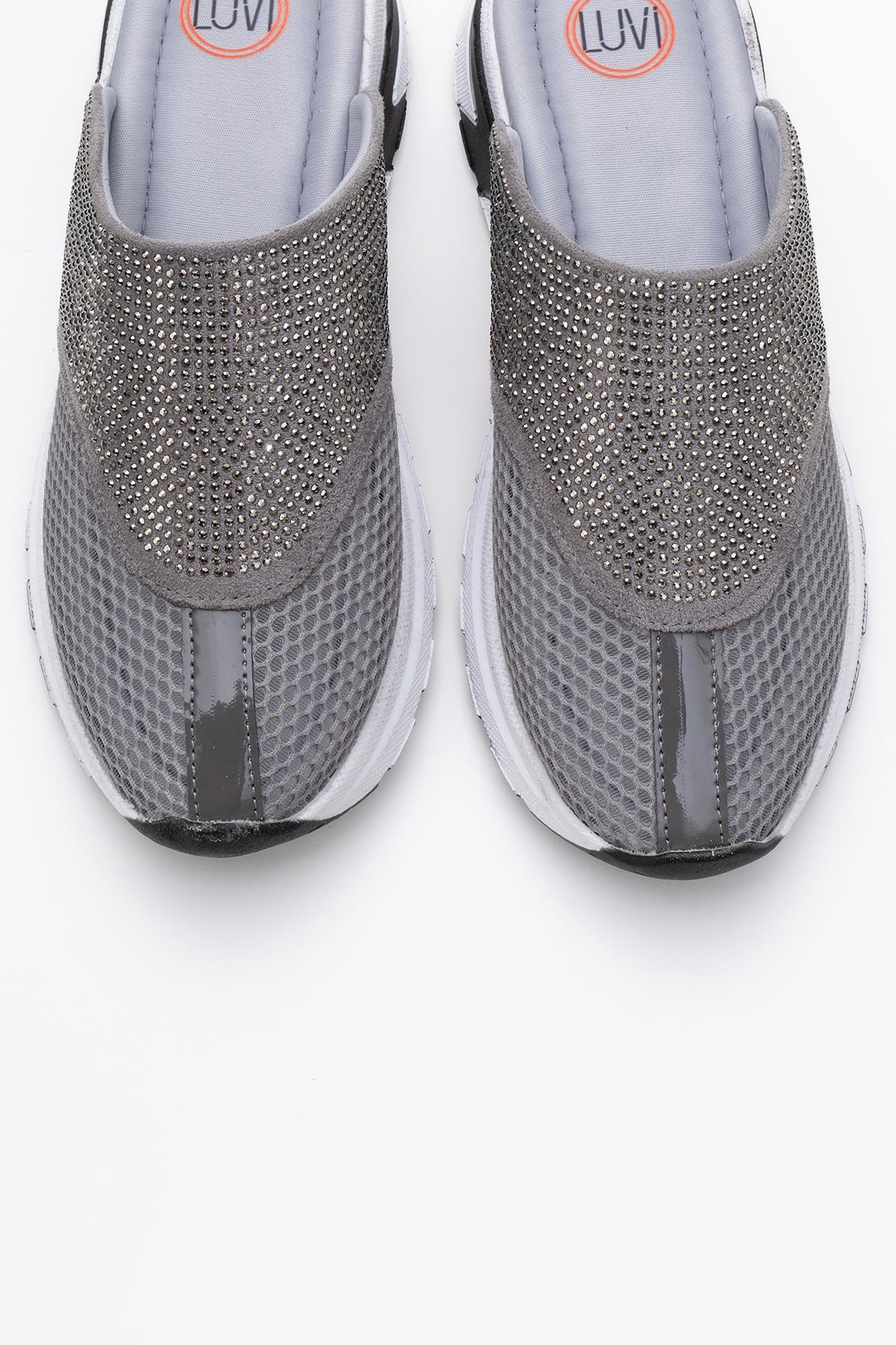 GLEA Grey Mesh Rhinestone Mules – side view showing rhinestone, crystal, leather, Vowalisse
