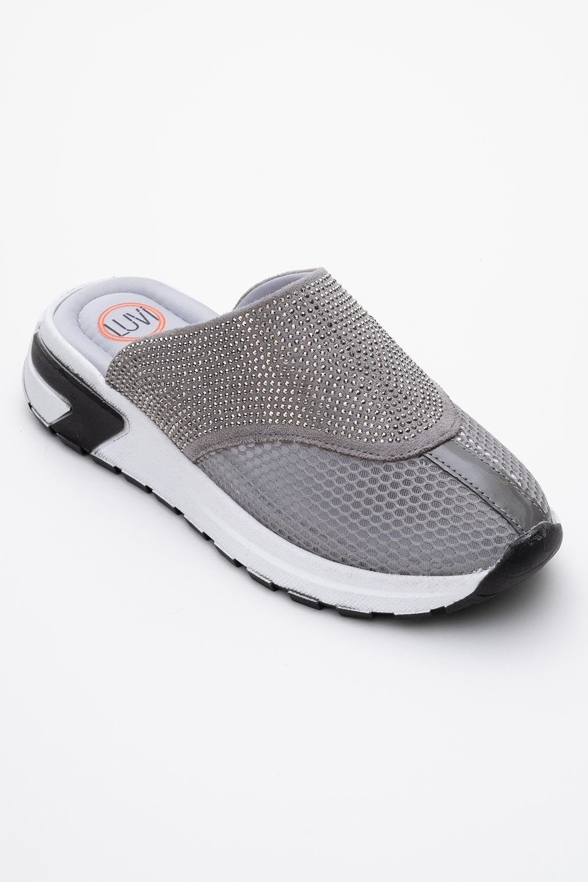 GLEA Grey Mesh Rhinestone Mules – detail view showing rhinestone, crystal, leather, Vowalisse