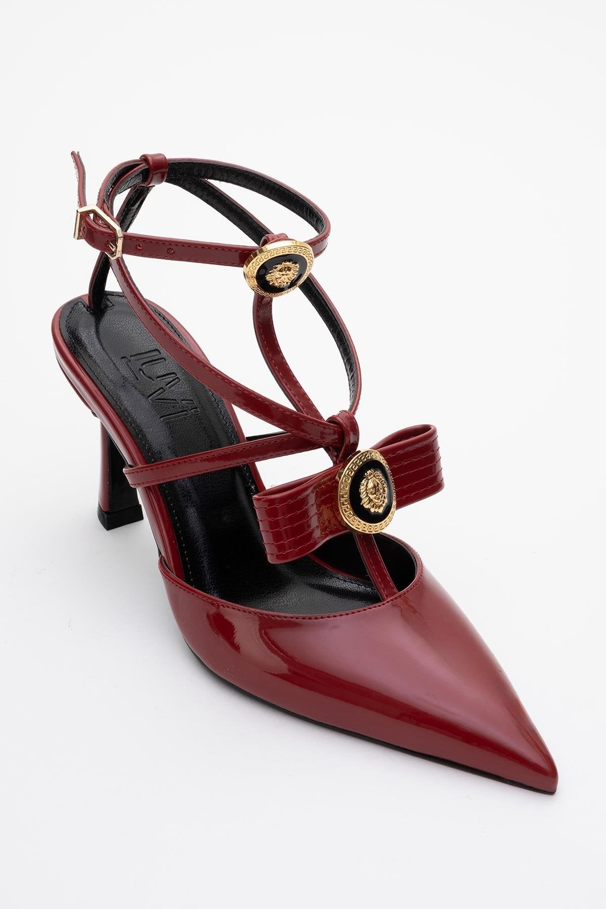 Peal - Burgundy Patent Heeled Shoe – heel view showing leather, Vowalisse