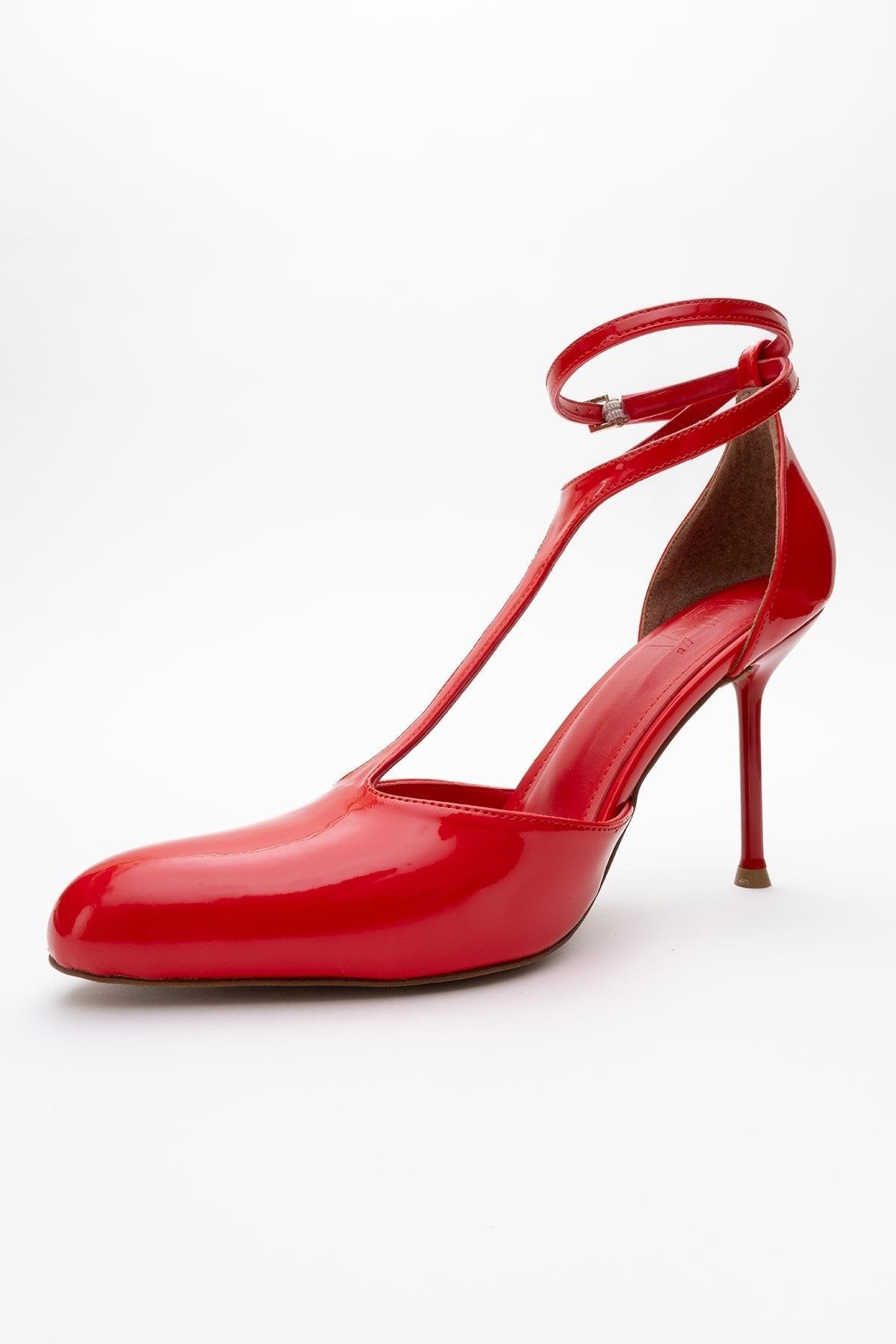 Jon - Red Patent Stiletto Heel Shoe – heel view showing leather, red, Vowalisse