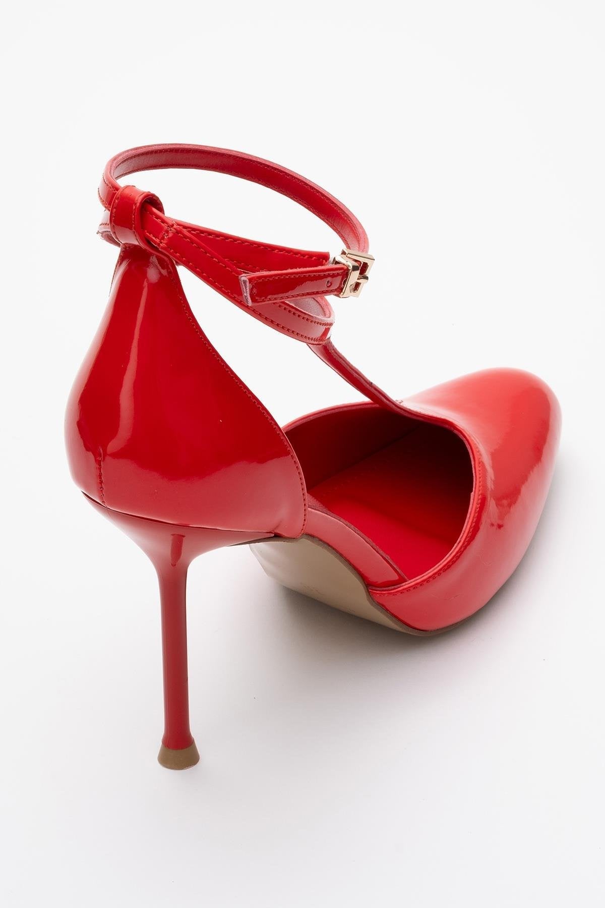 Jon - Red Patent Stiletto Heel Shoe – back view showing leather, red, Vowalisse