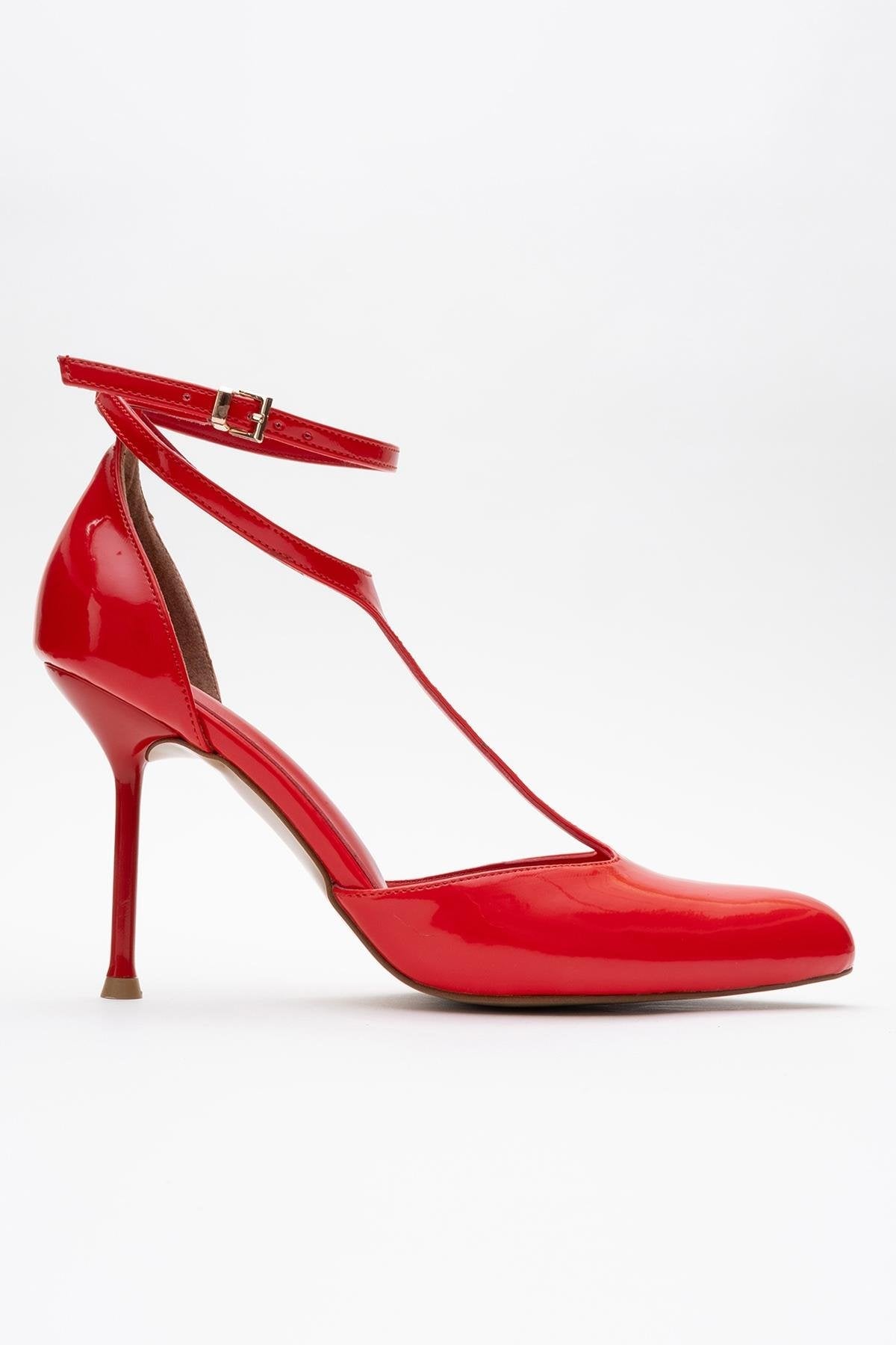 Jon - Red Patent Stiletto Heel Shoe – top view showing leather, red, Vowalisse