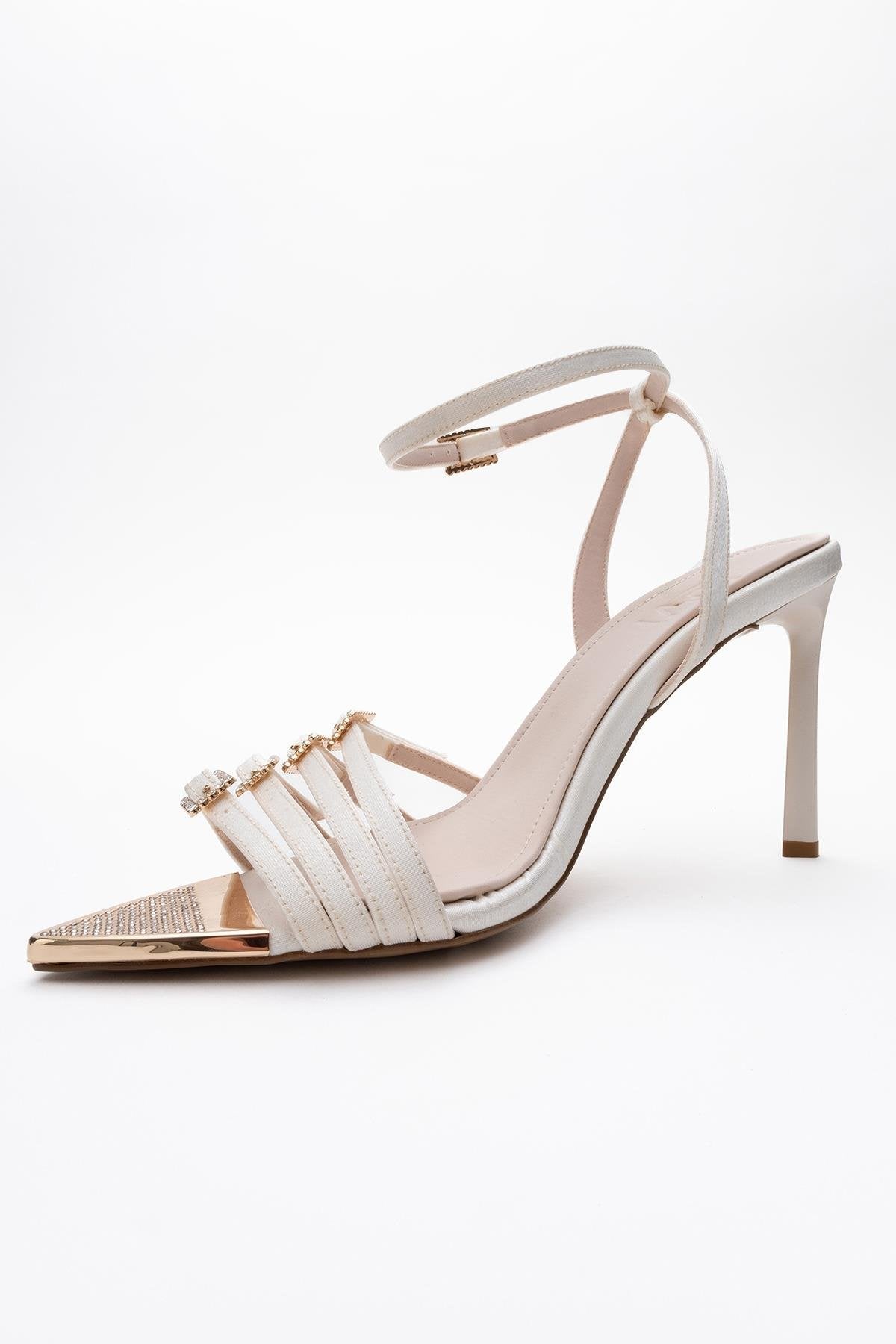 Auro - Beige Satin Jeweled Buckle Heeled Shoe – heel view showing satin, Vowalisse