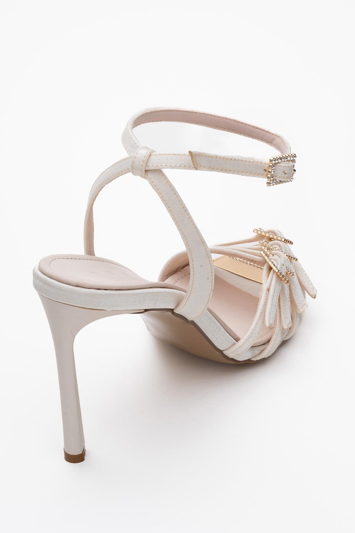 Auro - Beige Satin Jeweled Buckle Heeled Shoe – back view showing satin, Vowalisse
