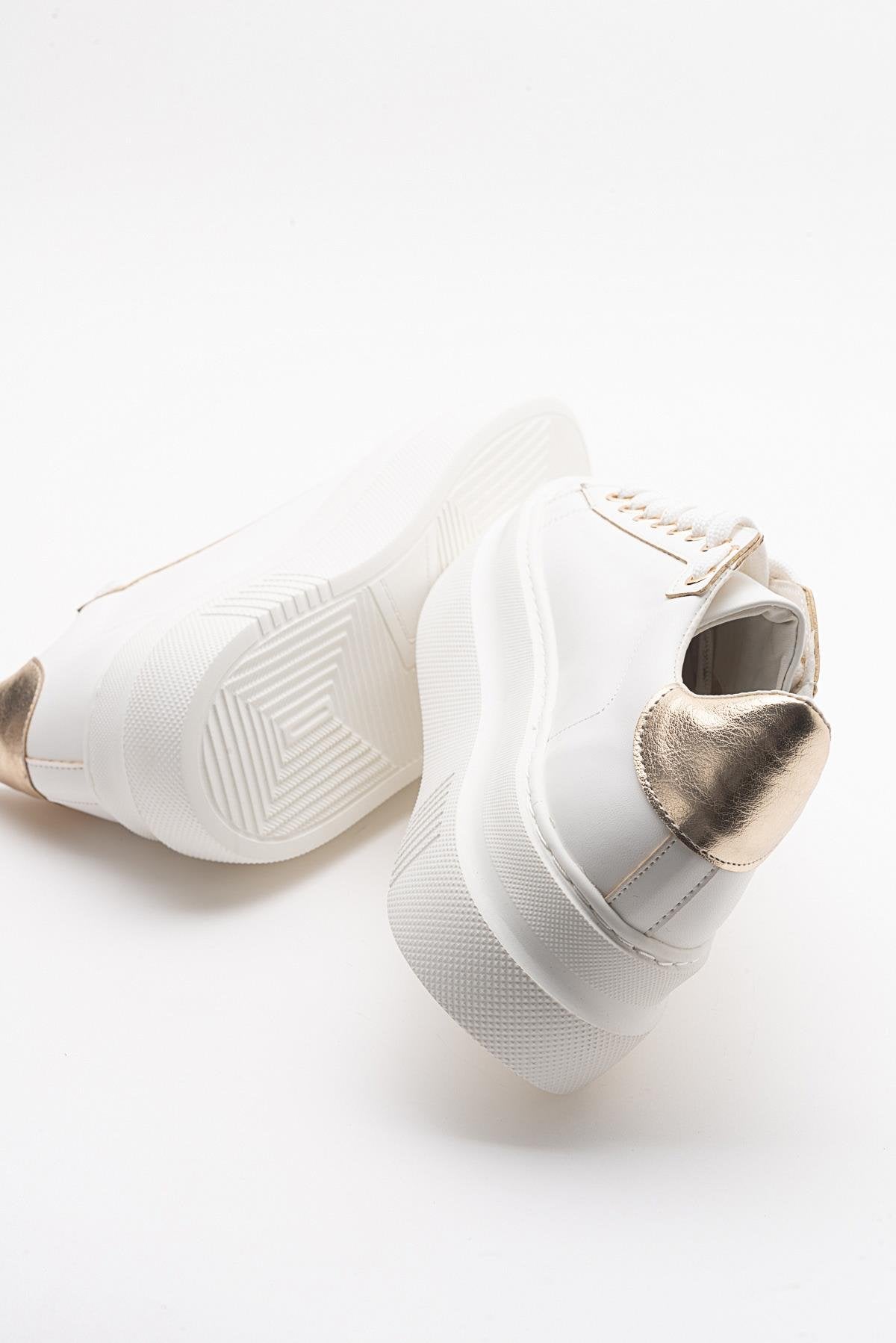 Violette - White Platform Sneakers – heel view showing leather, white, Vowalisse