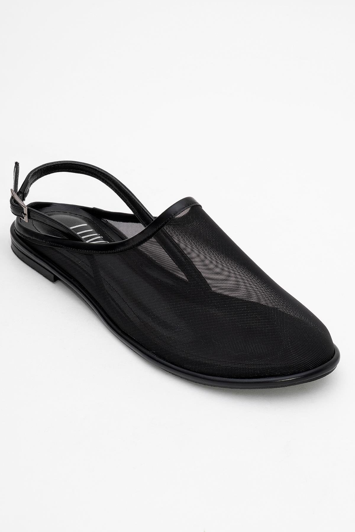 Shen Black Mesh Sandal – detail view showing leather, mesh, black, Vowalisse