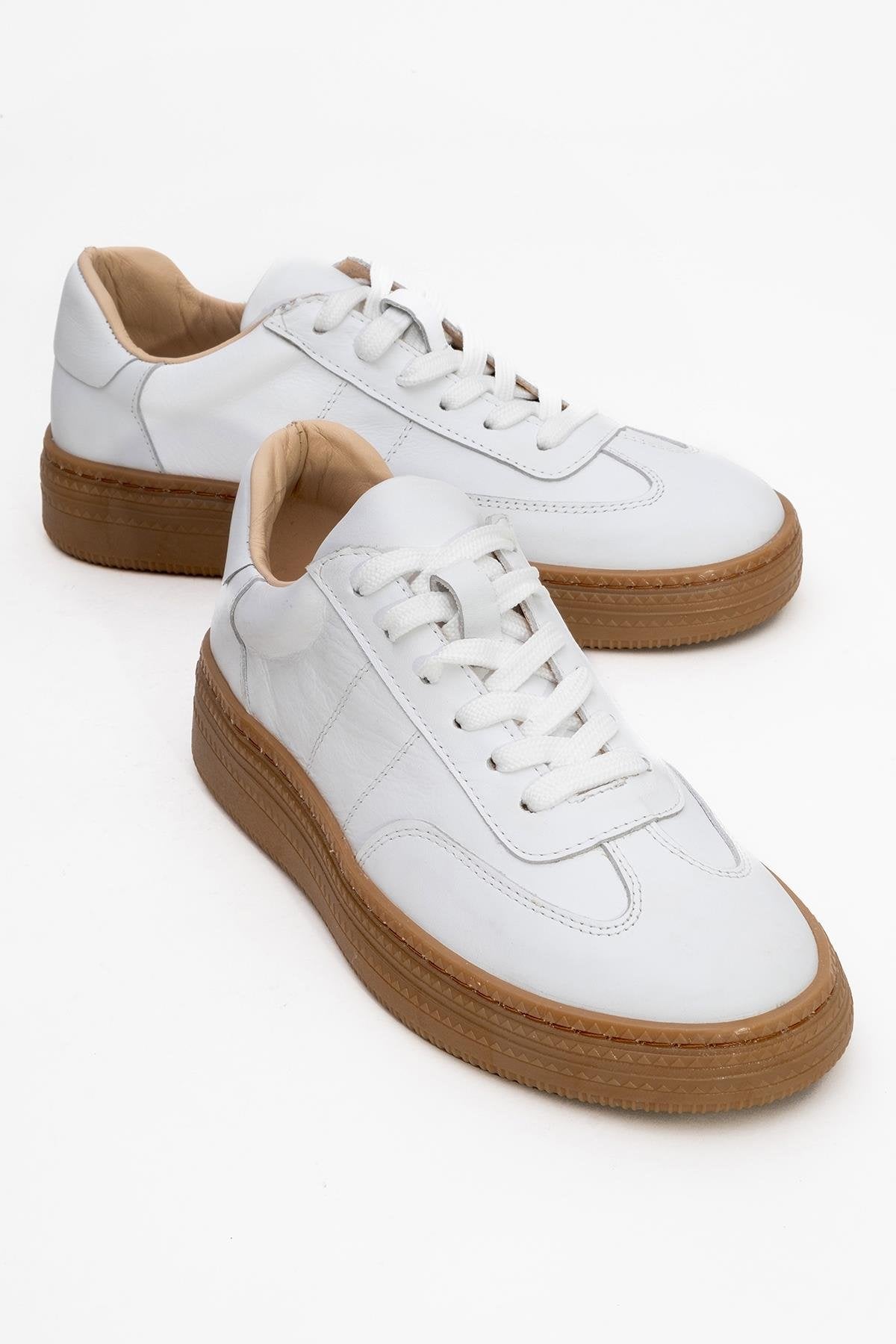 Fiore - White Leather Sneakers – front three-quarter view showing leather, white, red, Vowalisse