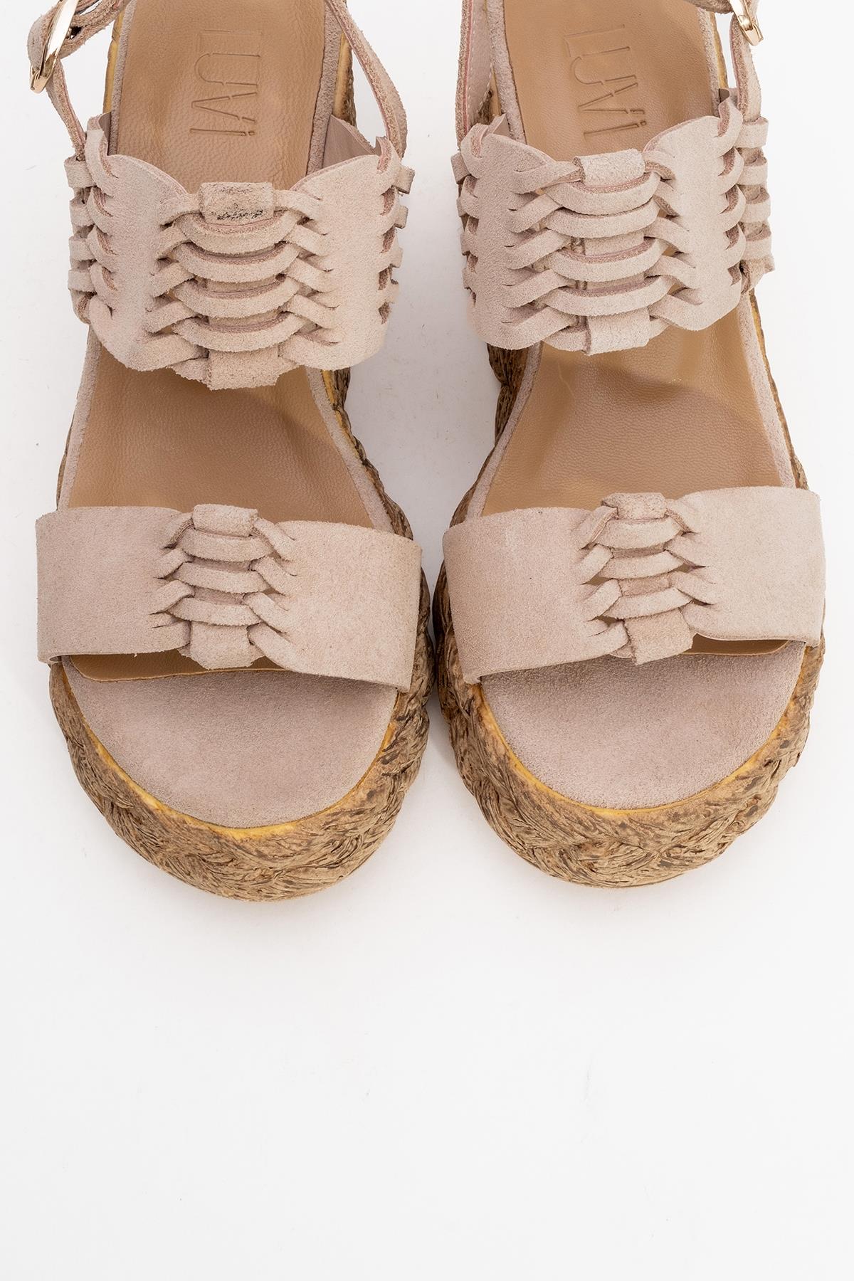 Olien - Beige Suede Leather Platform Espadrilles – side view showing leather, suede, Vowalisse