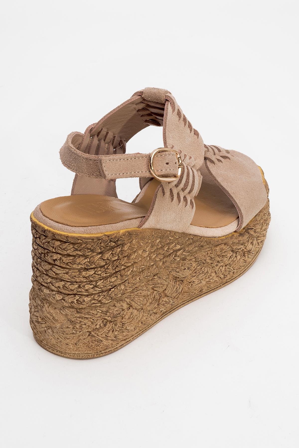 Olien - Beige Suede Leather Platform Espadrilles – back view showing leather, suede, Vowalisse