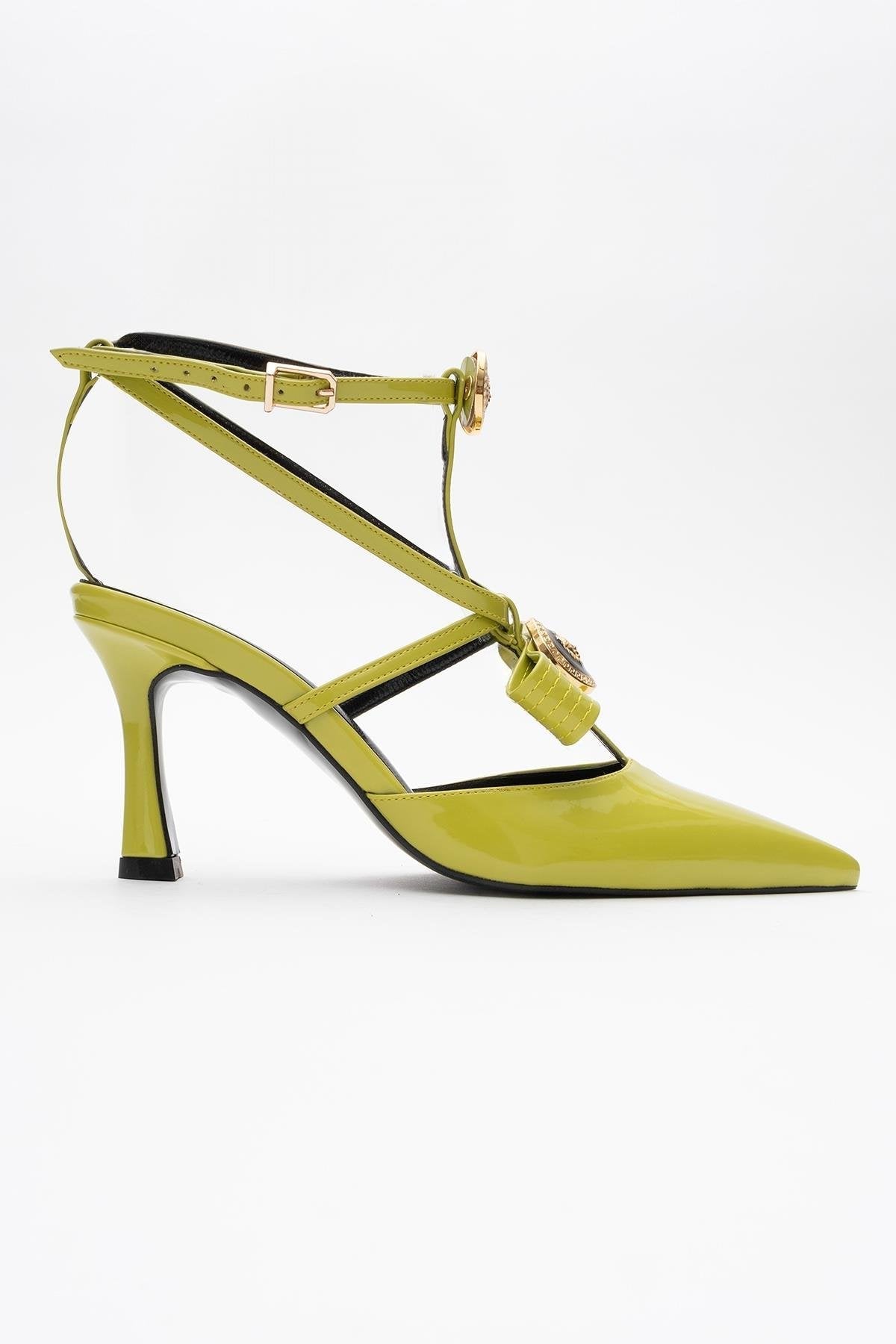 Peal - Green Patent Heeled Shoe – sole view showing leather, green, Vowalisse