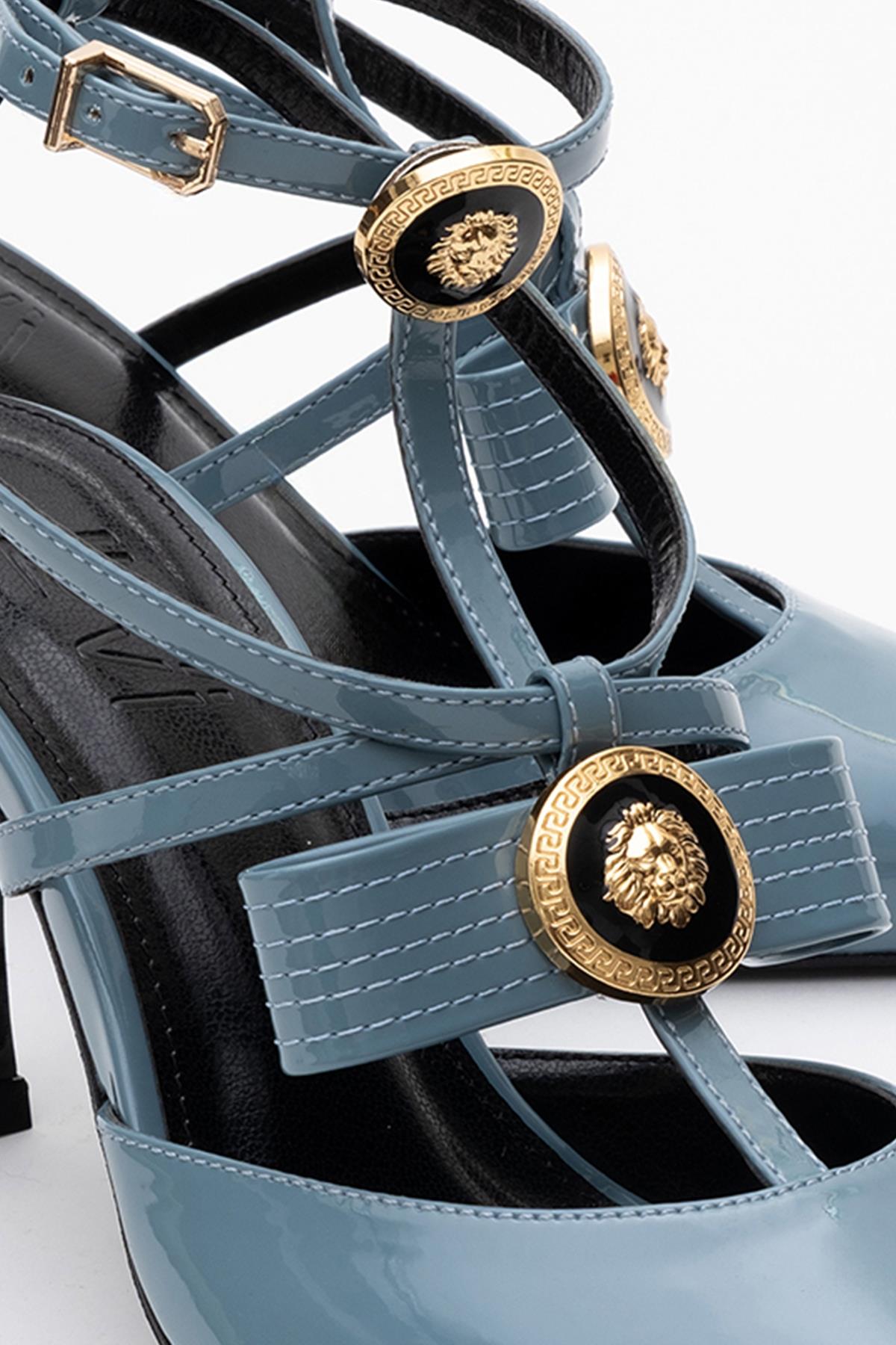 Peal - Blue Patent Heeled Shoe – side view showing leather, blue, Vowalisse