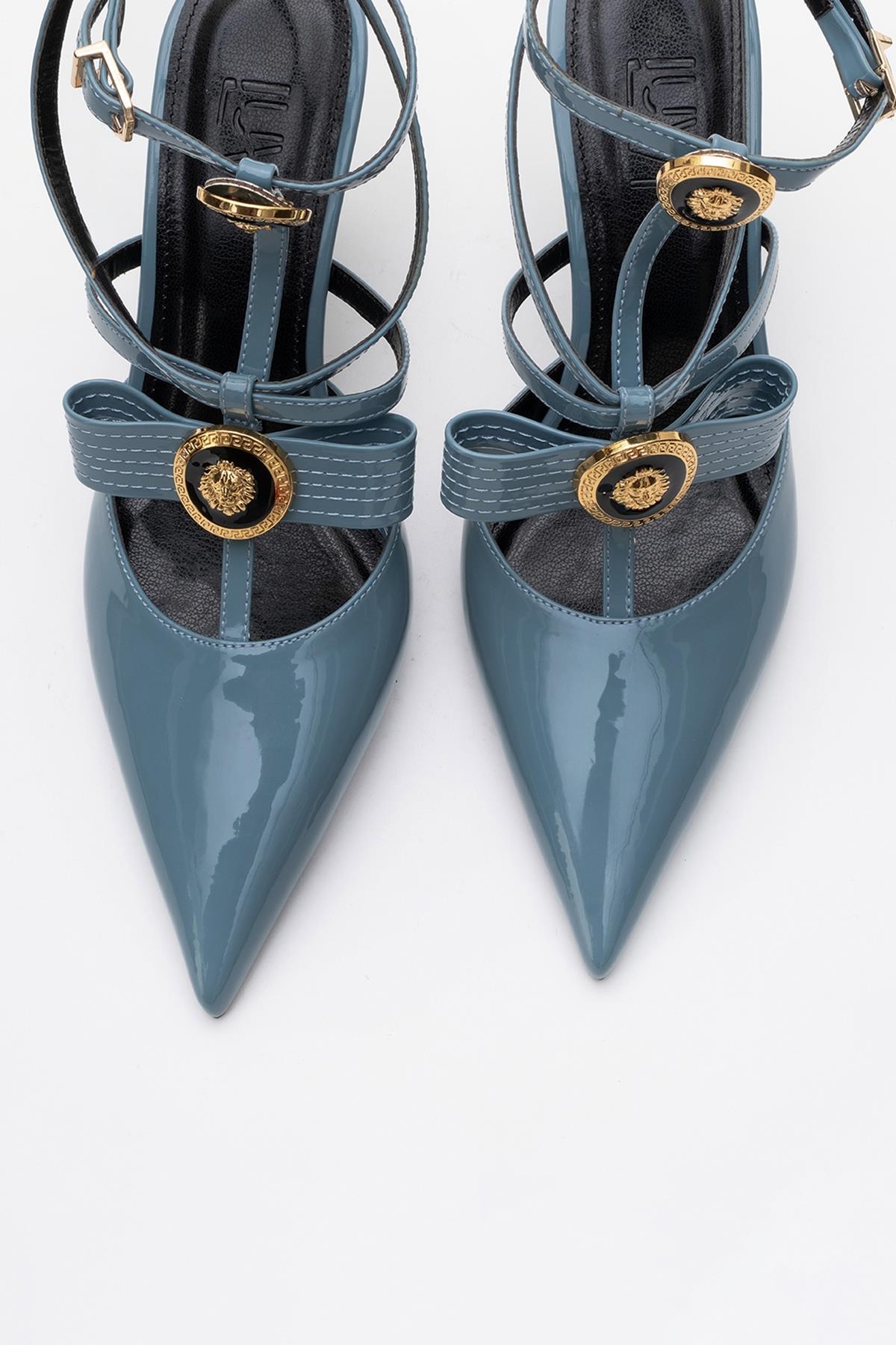 Peal - Blue Patent Heeled Shoe – detail view showing leather, blue, Vowalisse