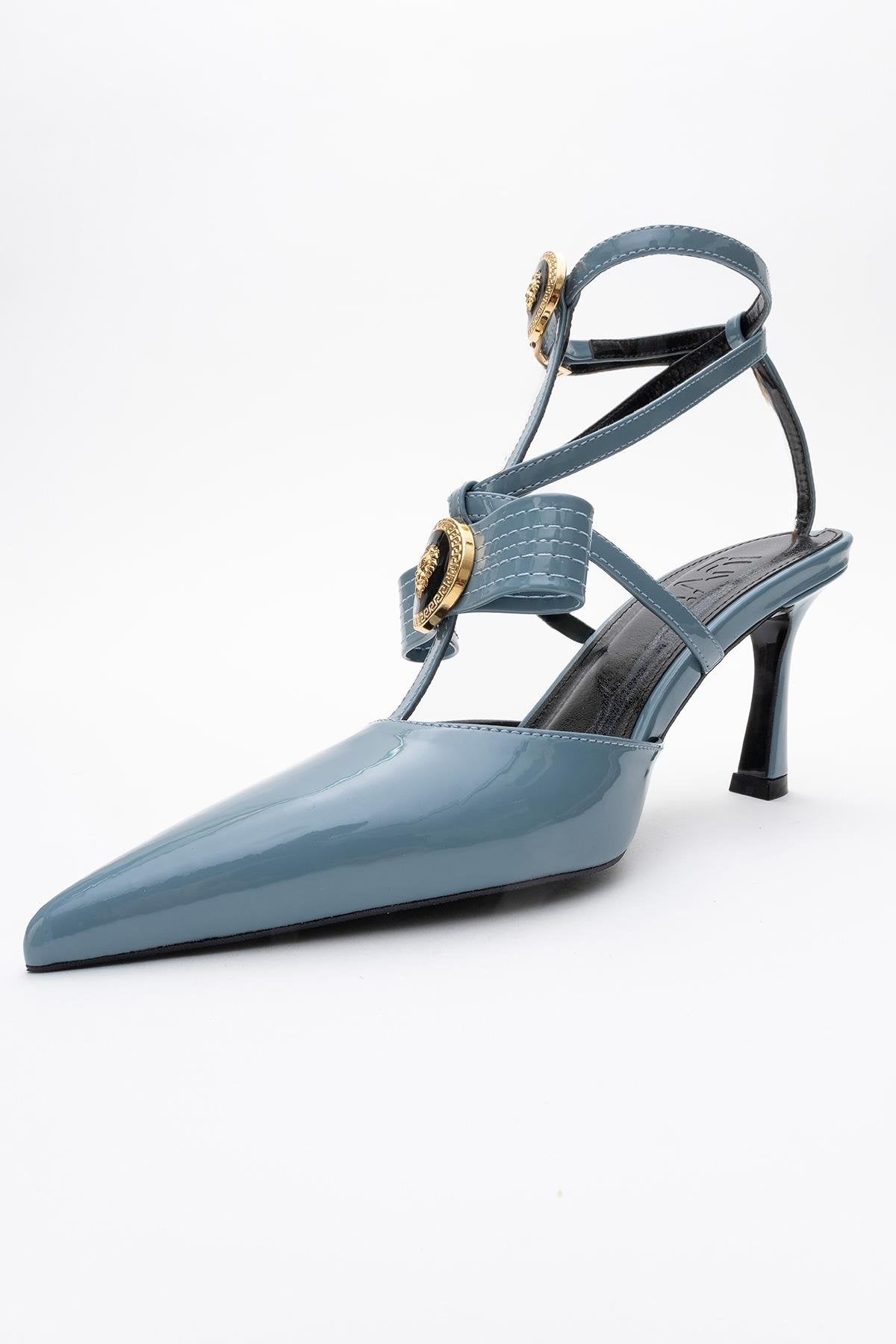 Peal - Blue Patent Heeled Shoe – back view showing leather, blue, Vowalisse