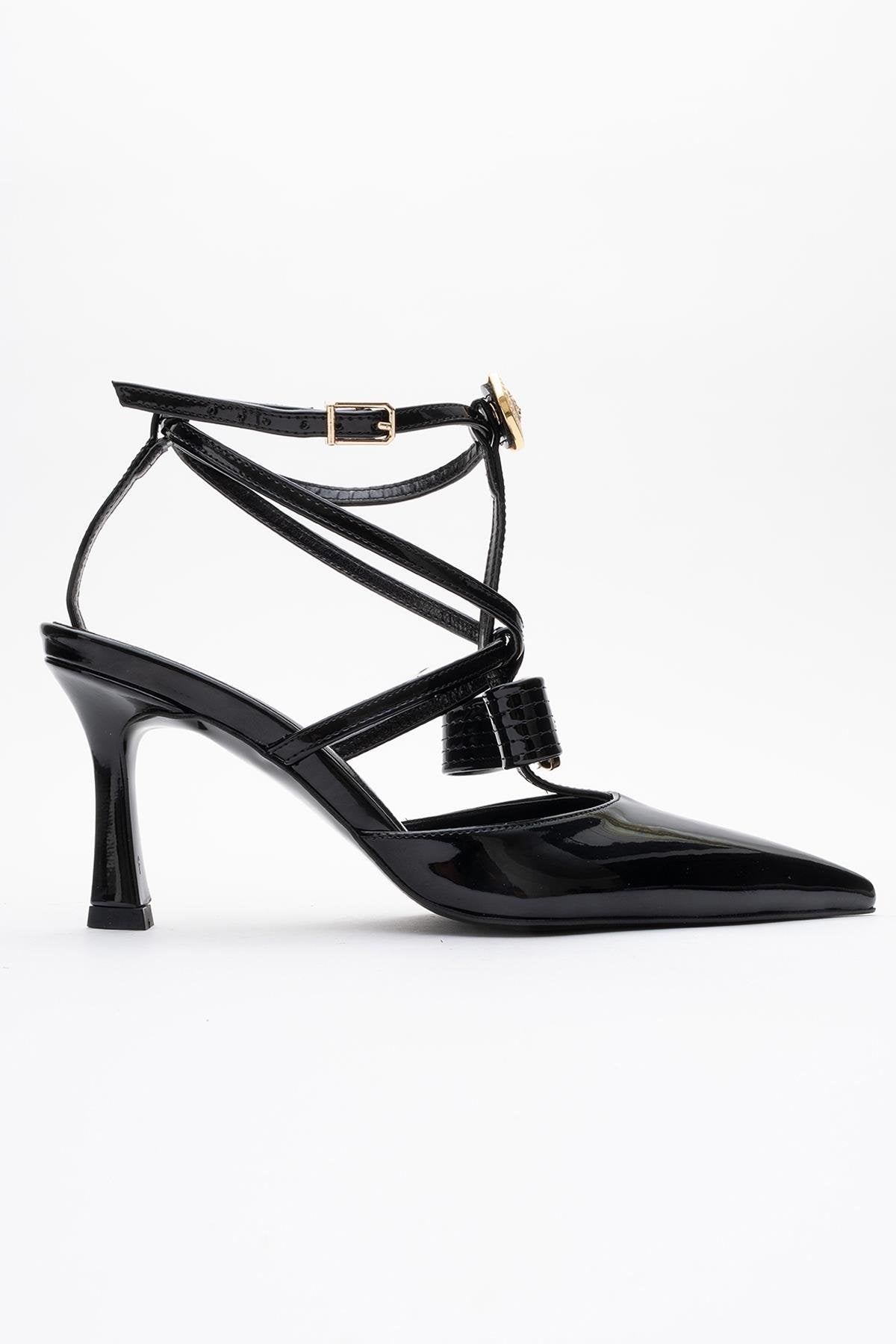 Peal - Black Patent Heeled Shoe – sole view showing leather, black, Vowalisse