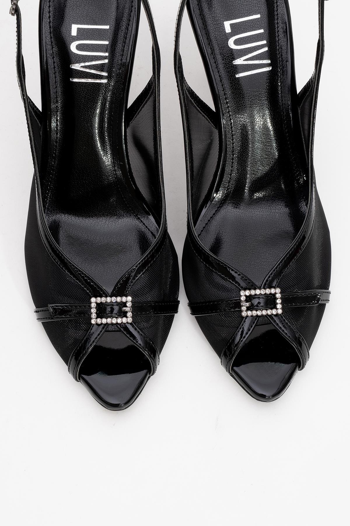 Elyse - Black High-Heel Evening Shoe – side view showing leather, mesh, black, Vowalisse