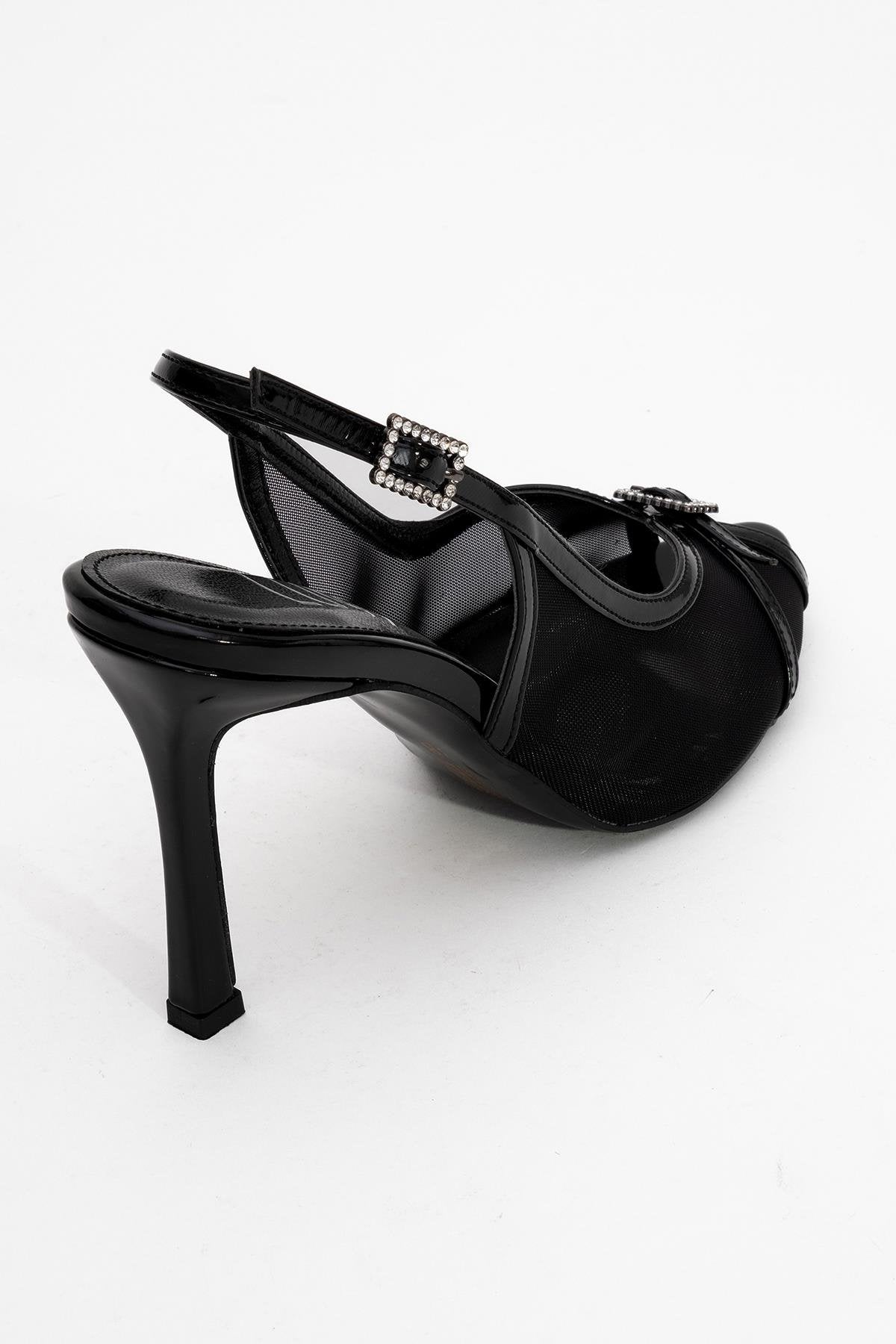 Elyse - Black High-Heel Evening Shoe – back view showing leather, mesh, black, Vowalisse