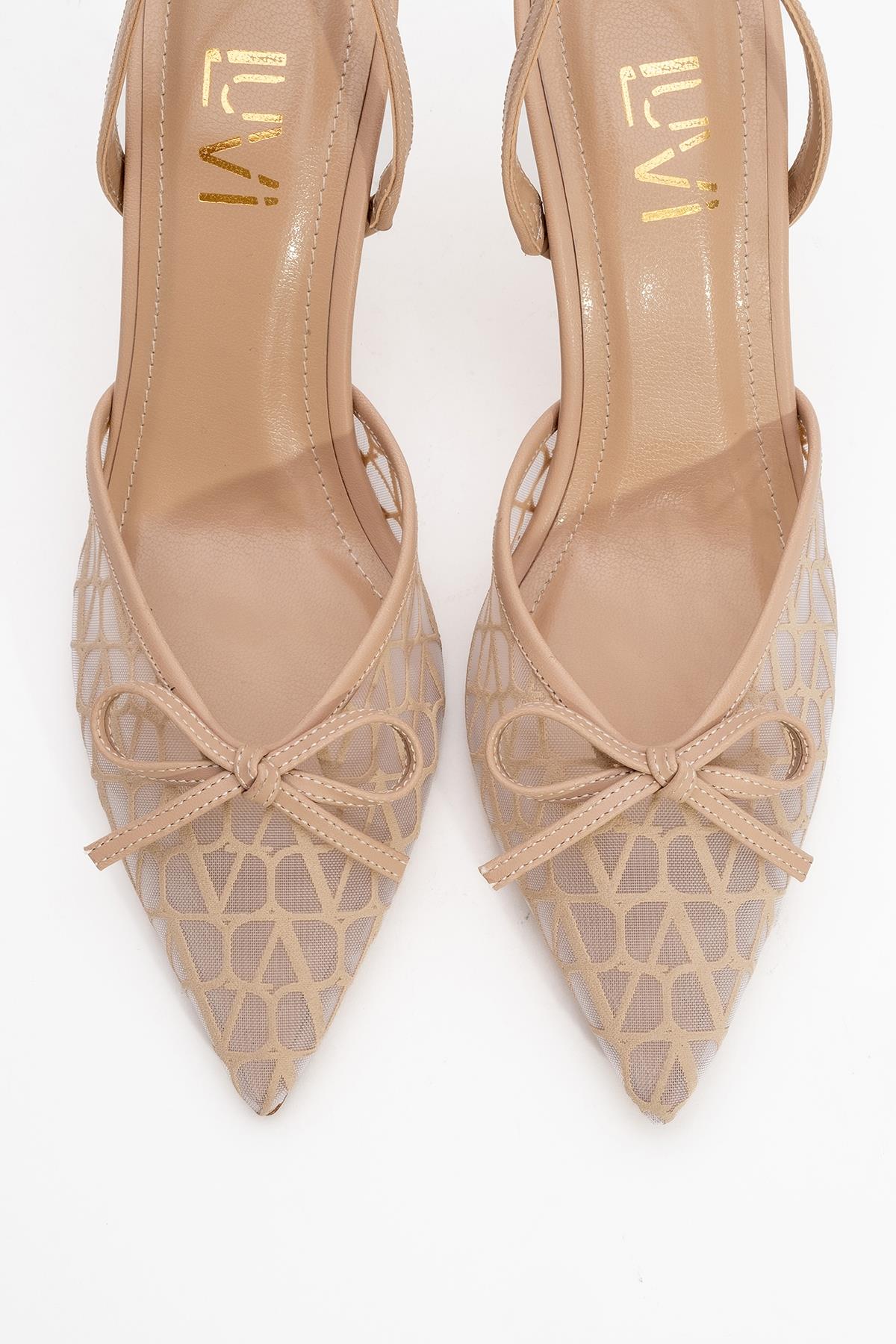 Peony - Beige Mesh Bow Pointed Toe Pump – side view showing bow, leather, mesh, Vowalisse
