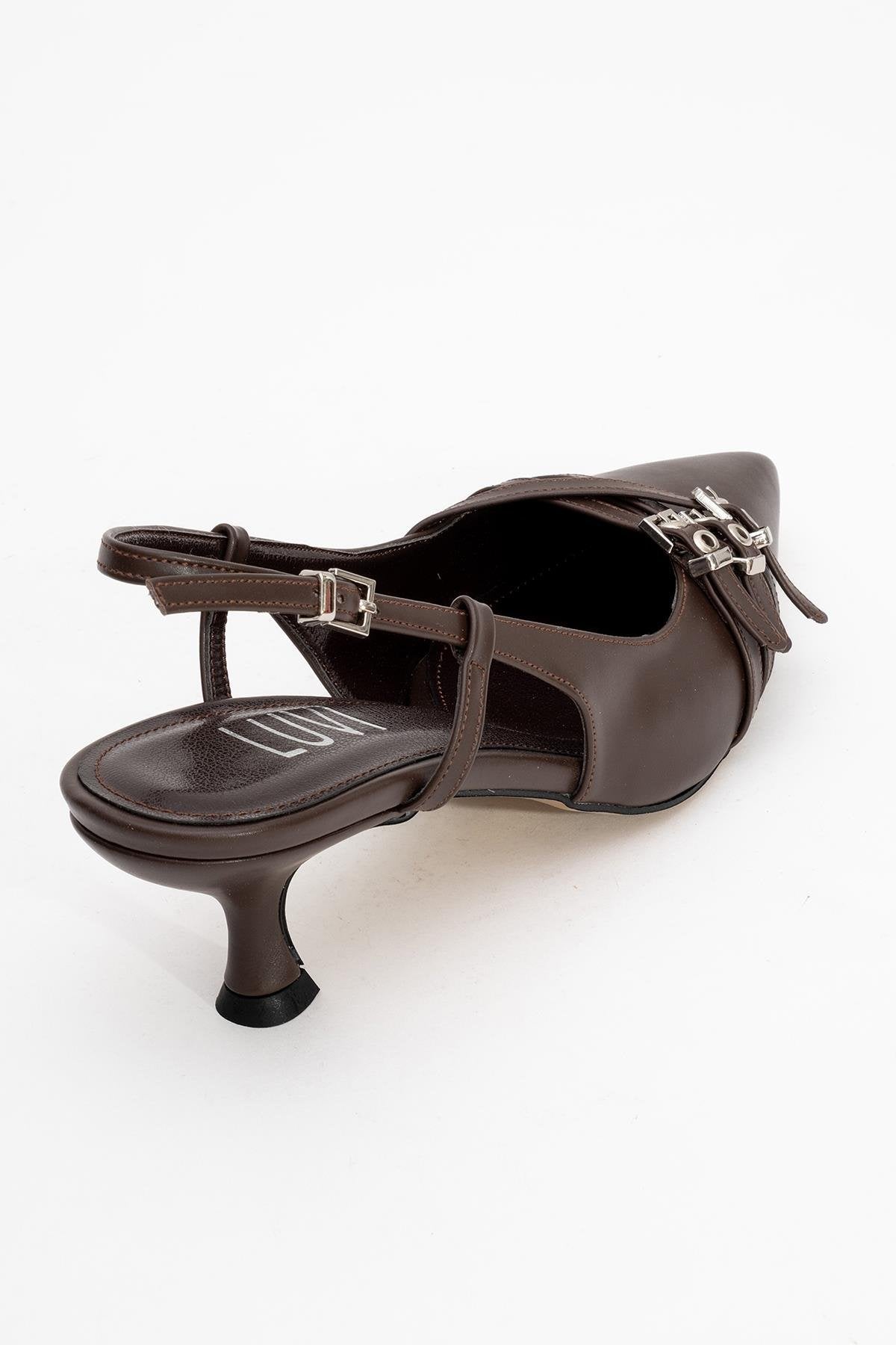 Woss - Brown Belt-Detail Heeled Shoe – back view showing leather, Vowalisse