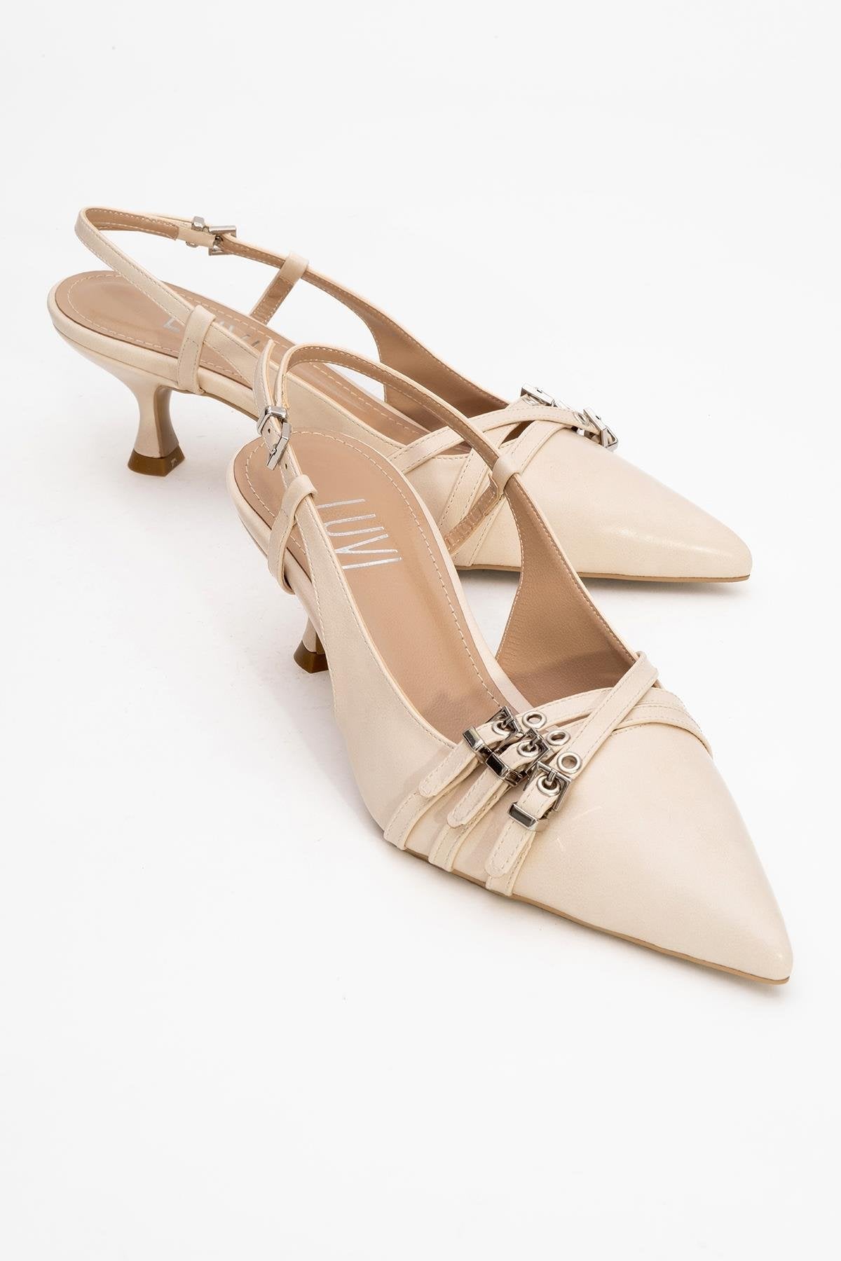 Woss - Beige Belt-Detail Heeled Shoe – front three-quarter view showing leather, Vowalisse