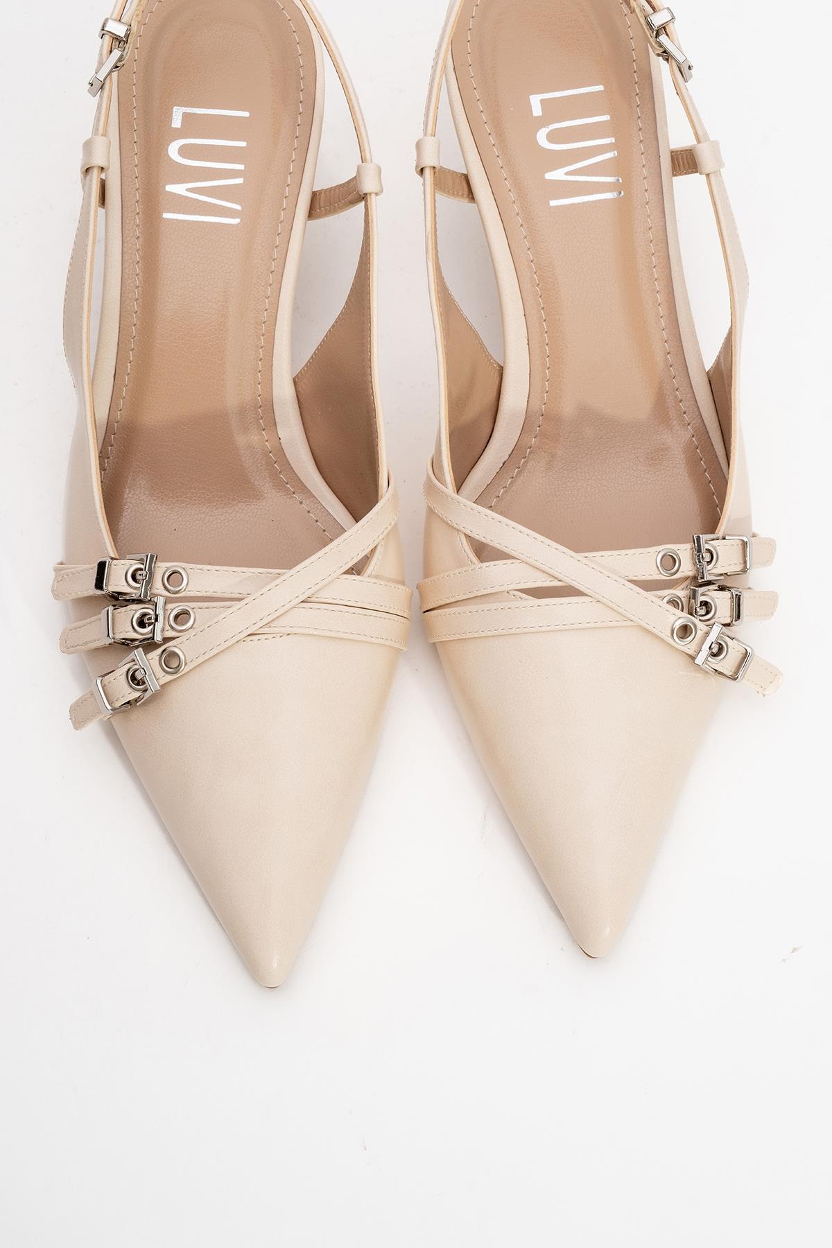 Woss - Beige Belt-Detail Heeled Shoe – side view showing leather, Vowalisse