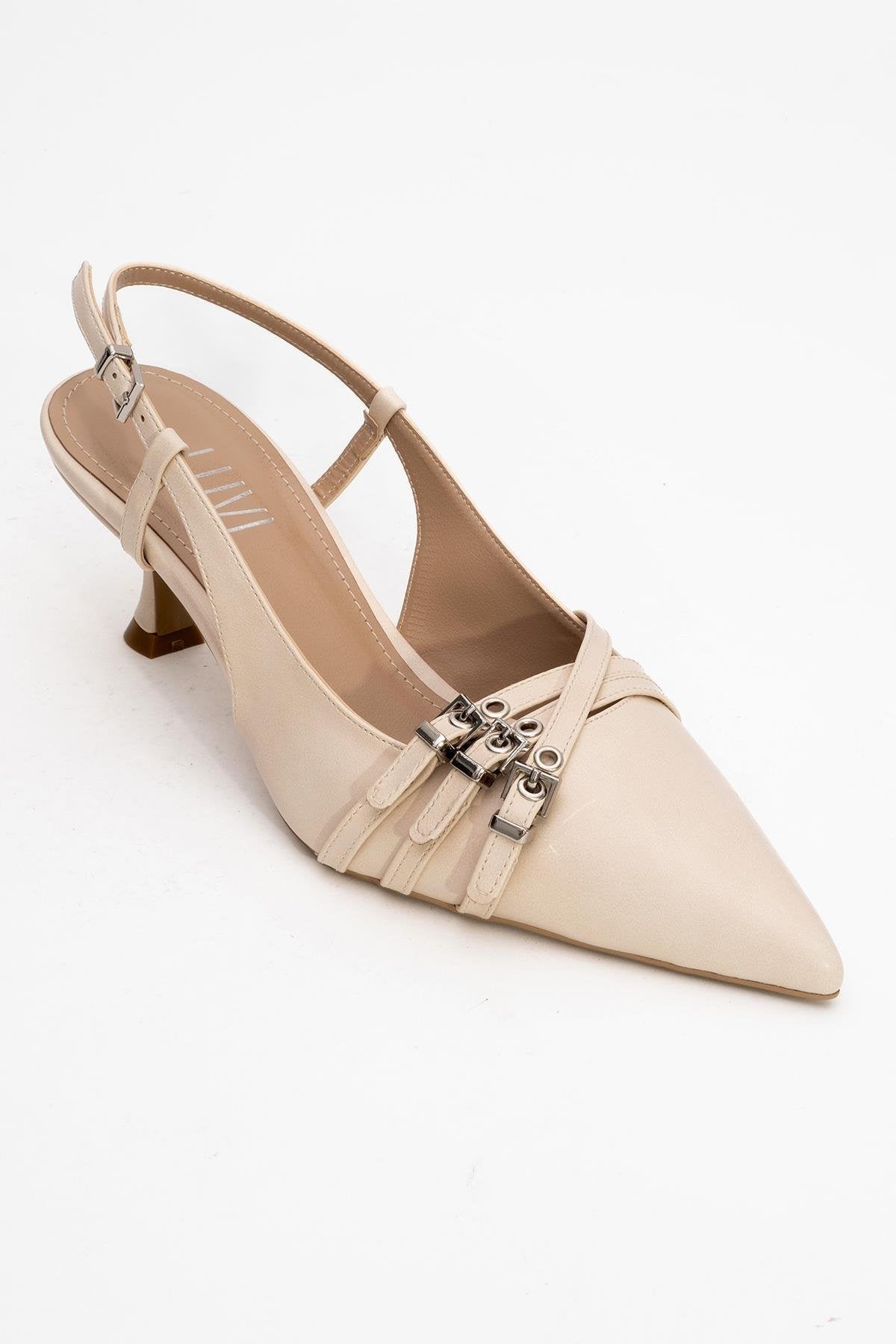 Woss - Beige Belt-Detail Heeled Shoe – detail view showing leather, Vowalisse