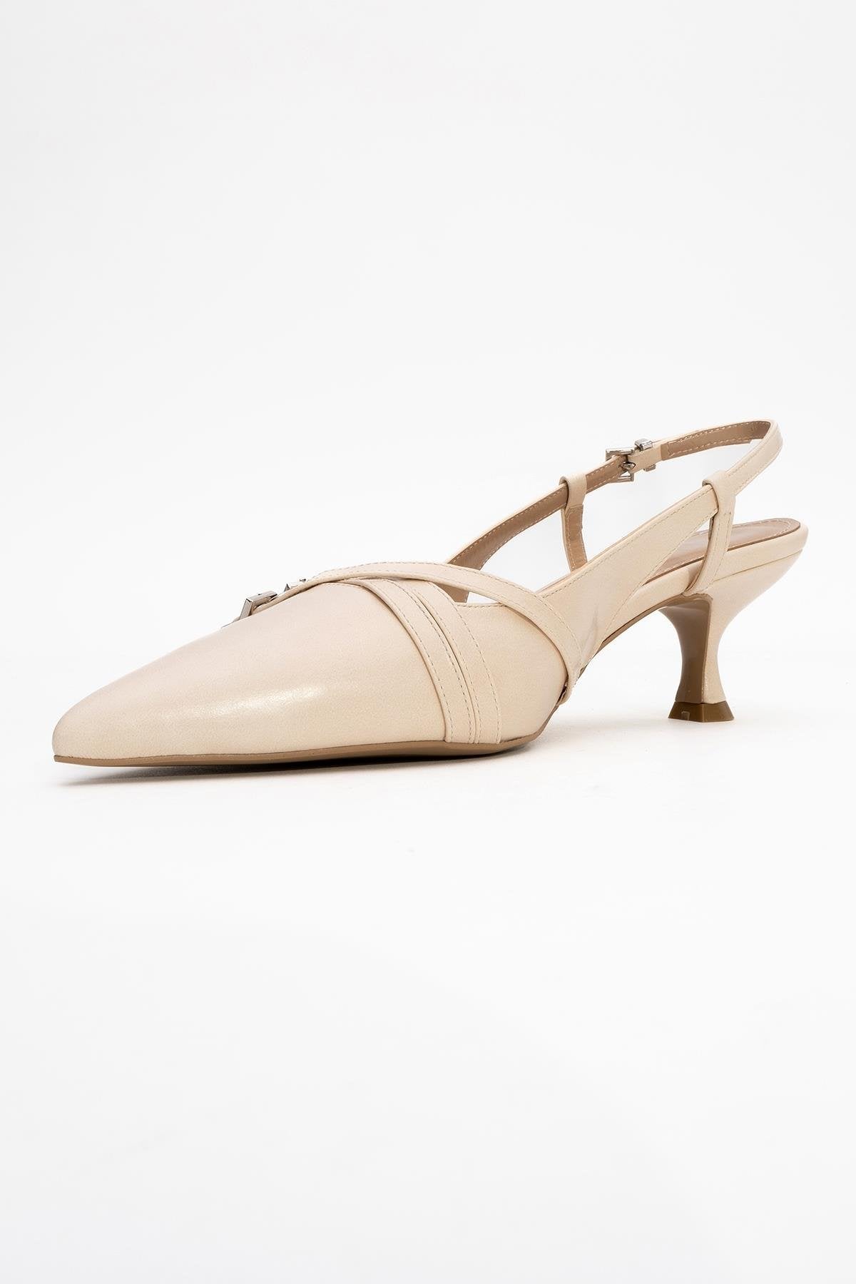 Woss - Beige Belt-Detail Heeled Shoe – heel view showing leather, Vowalisse